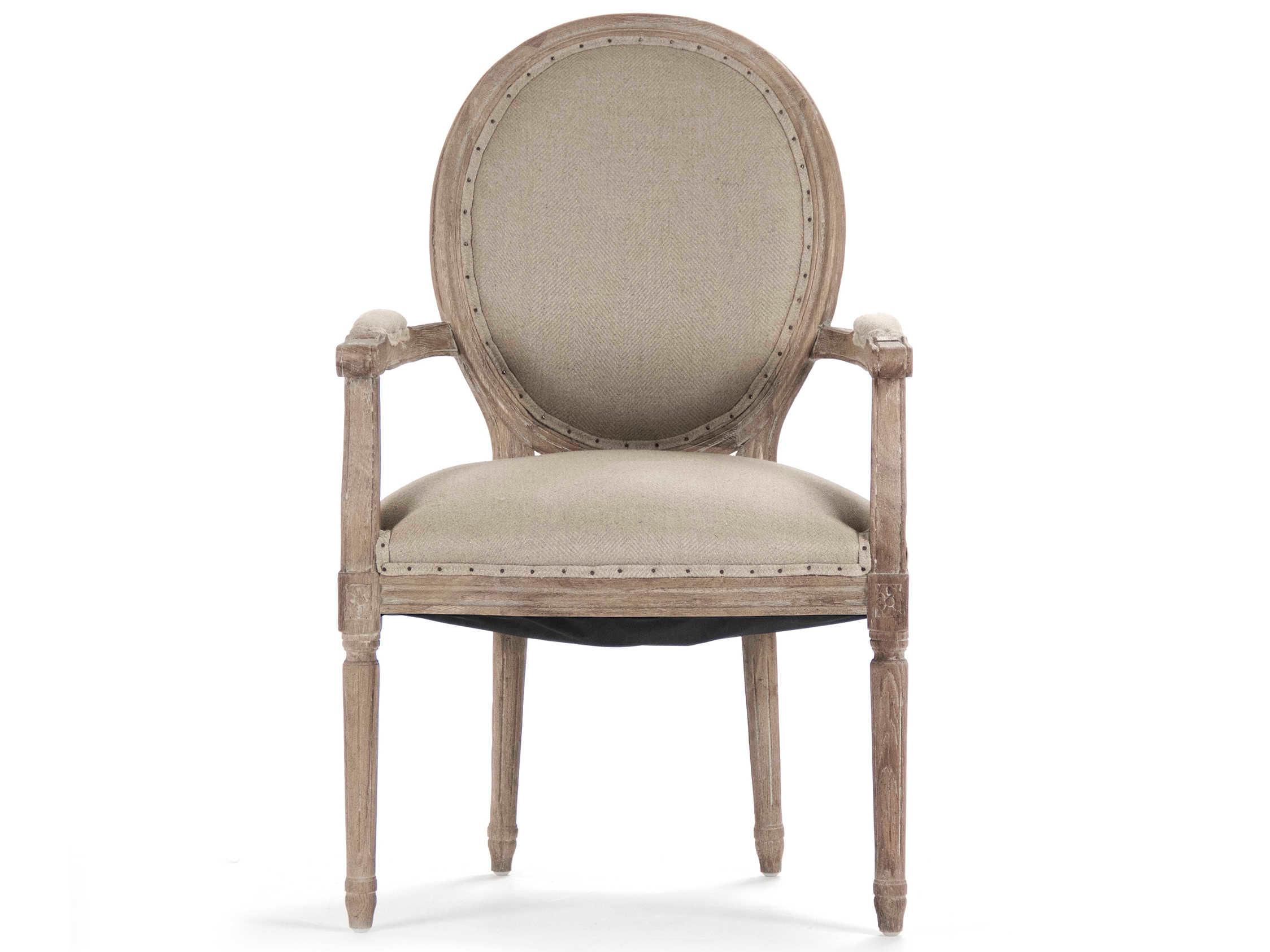 Zentique Medallion Oak Wood Beige Upholstered Arm Dining Chair
