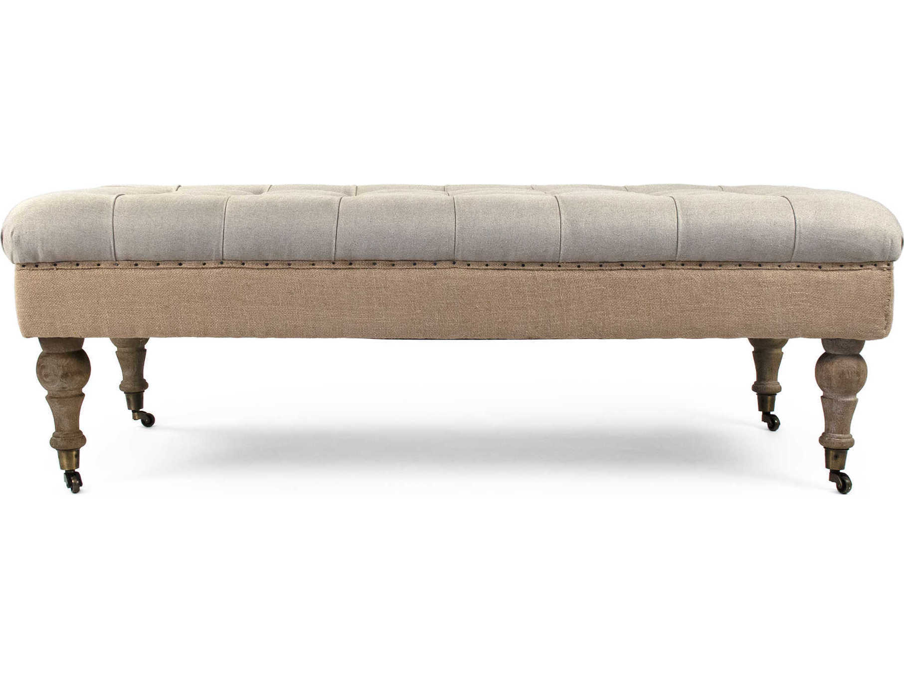 Zentique Maison Natural Linen Jute Beige Upholstered Tufted Ottoman