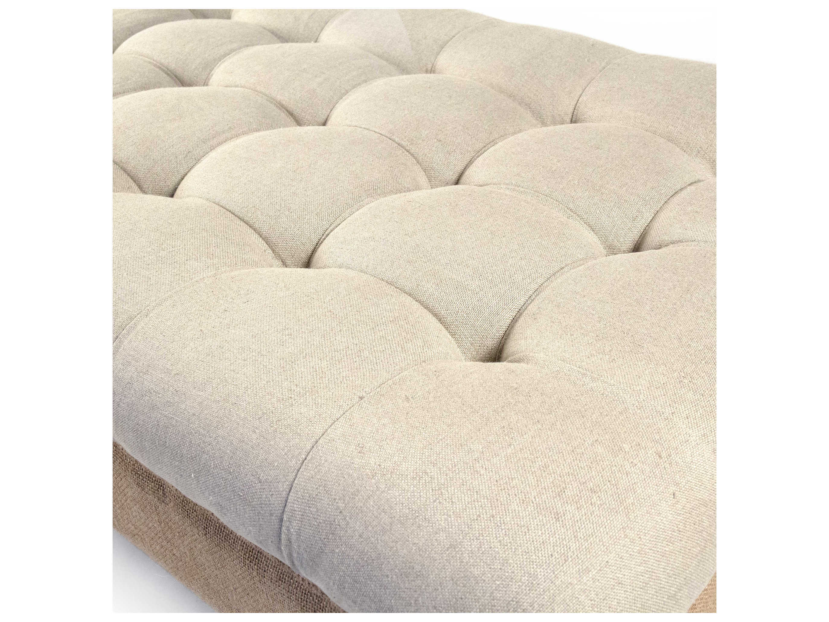 Zentique Maison Natural Linen Jute Beige Upholstered Tufted Ottoman