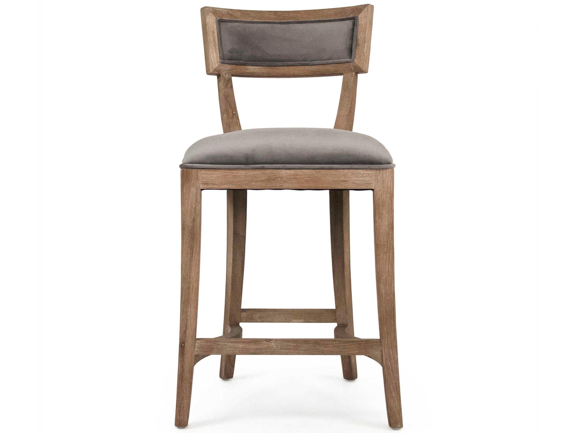 Zentique Carvell Upholstered Oak Wood Grey Velvet Counter Stool
