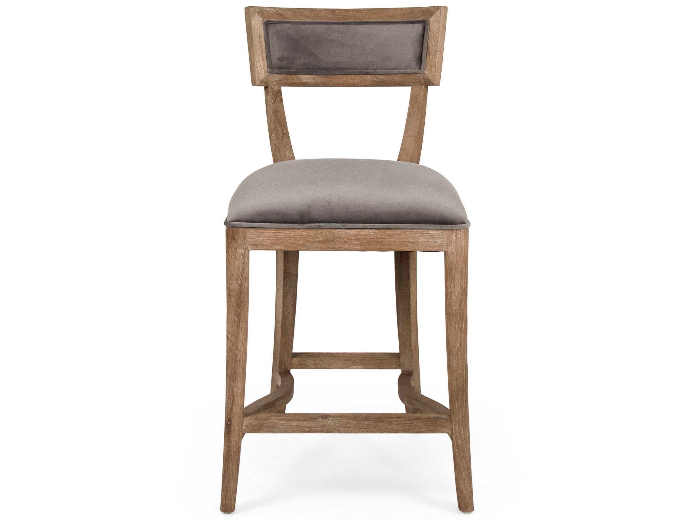 Zentique Carvell Upholstered Oak Wood Grey Velvet Counter Stool