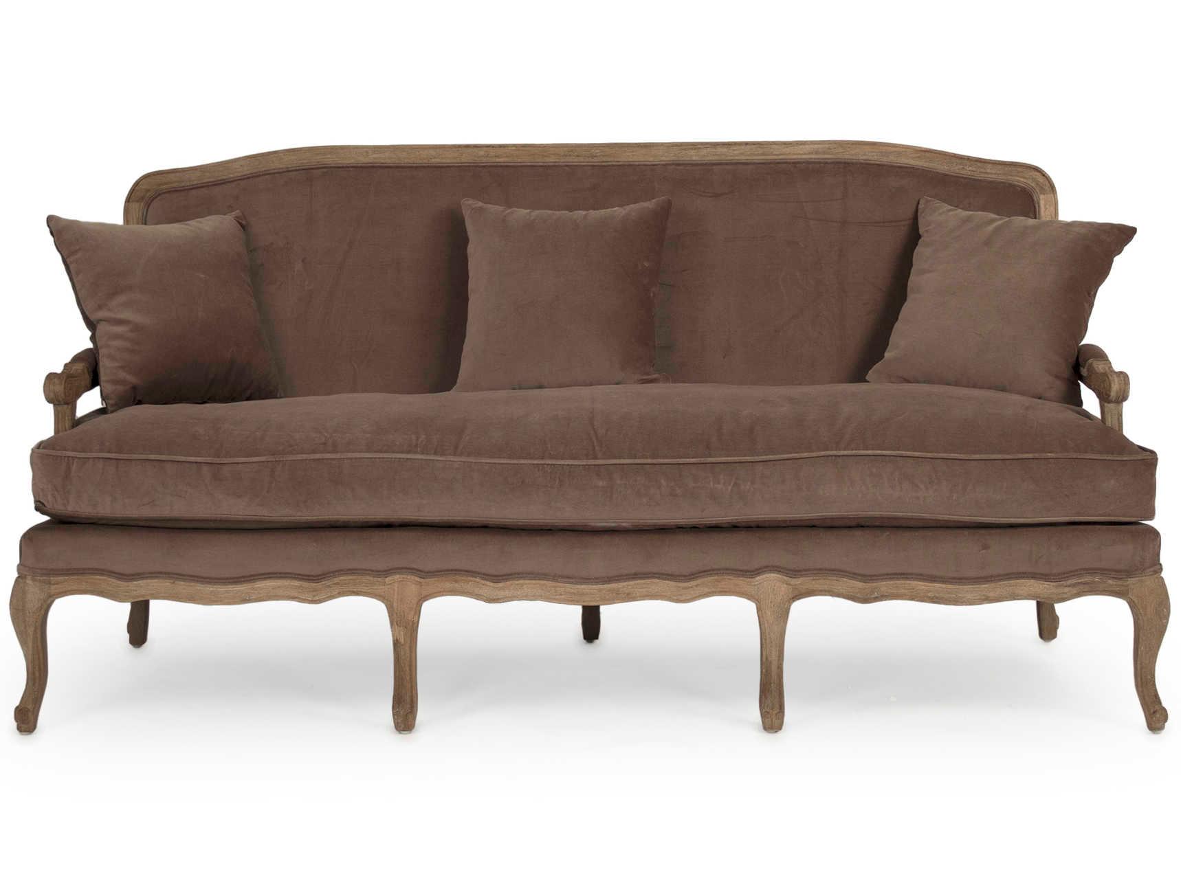 Zentique Bastille Limed Grey Oak Brown Velvet Upholstered Sofa
