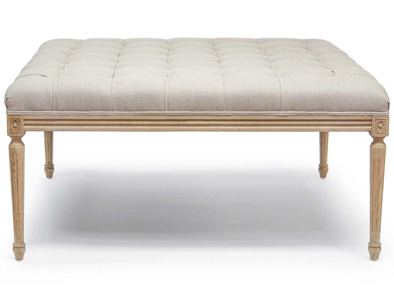 Zentique Louis Natural Linen White Upholstered Tufted Ottoman