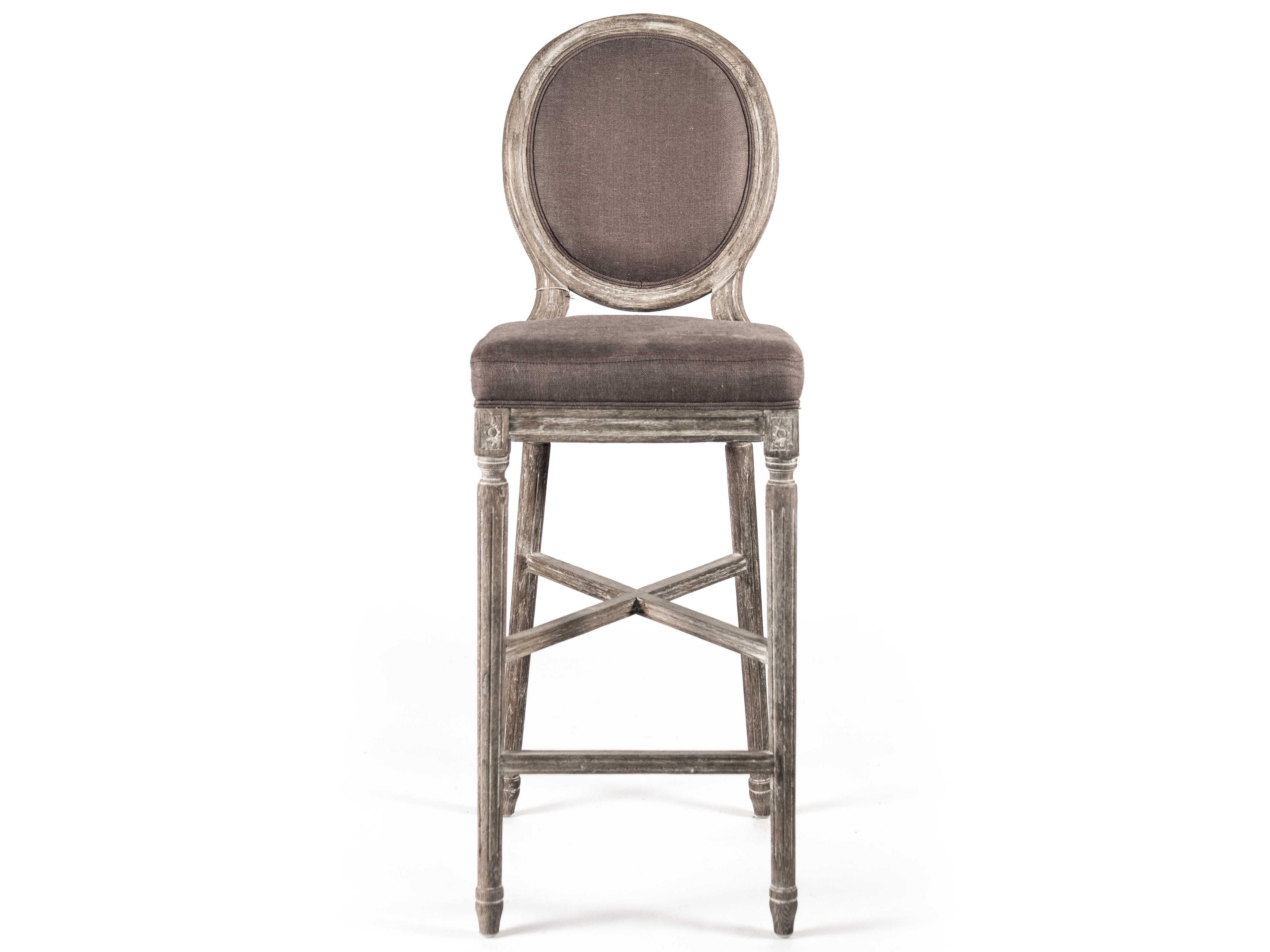 Zentique Medallion Upholstered Oak Wood Aubergine Linen Bar Stool
