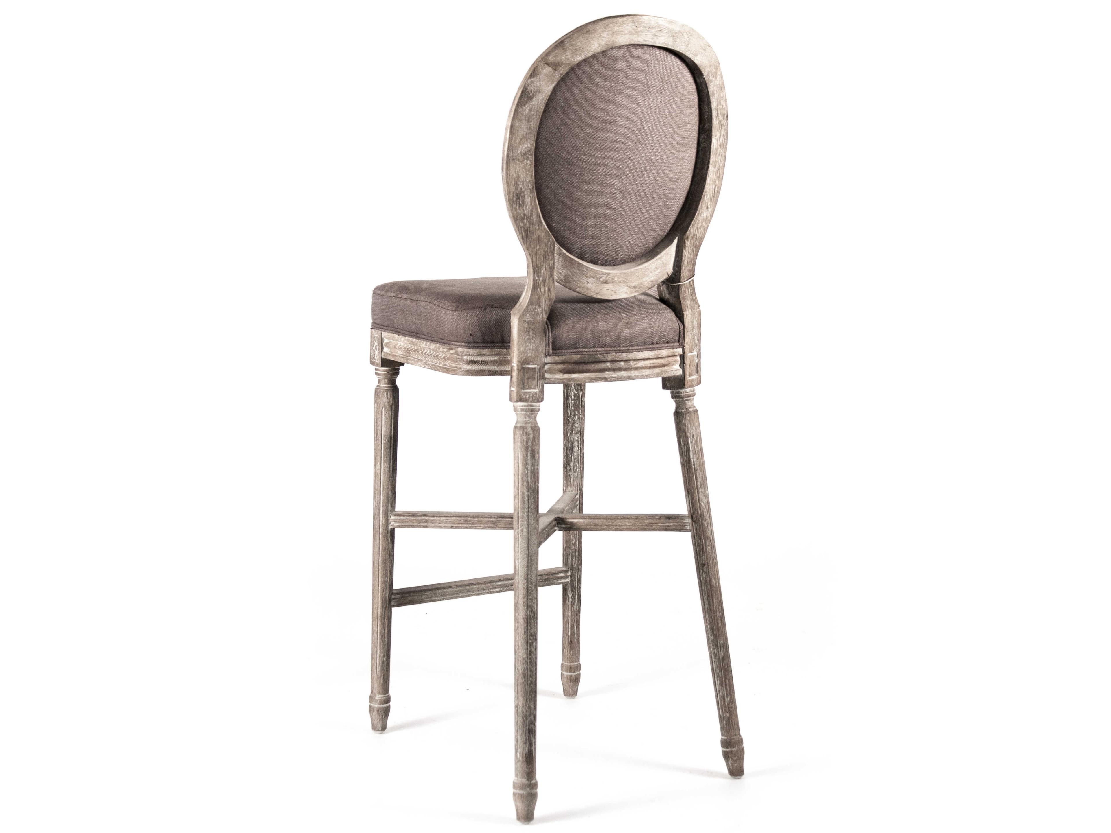 Zentique Medallion Upholstered Oak Wood Aubergine Linen Bar Stool