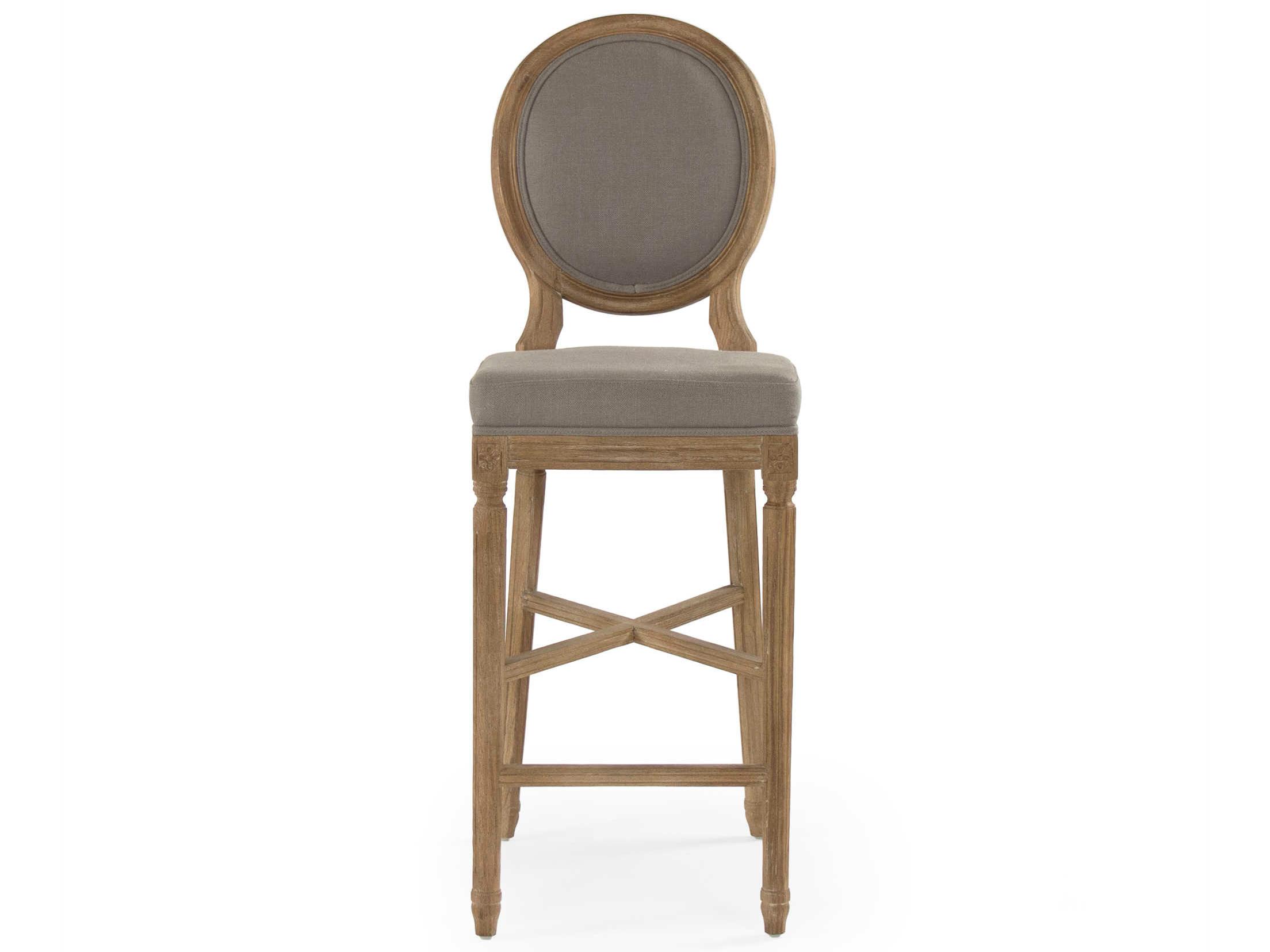 Zentique Medallion Upholstered Oak Wood Grey Linen Bar Stool