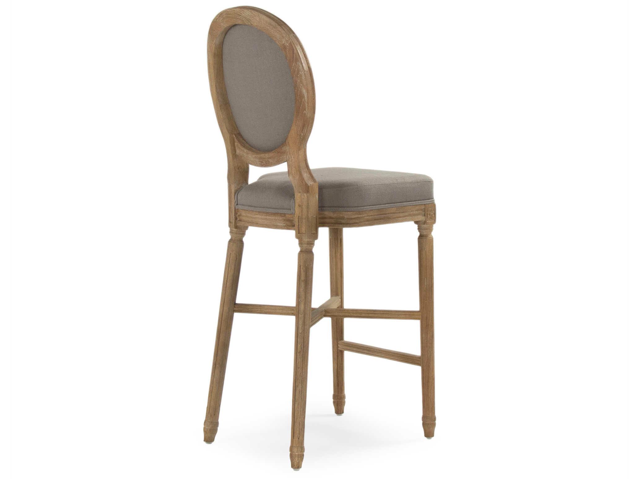 Zentique Medallion Upholstered Oak Wood Grey Linen Bar Stool