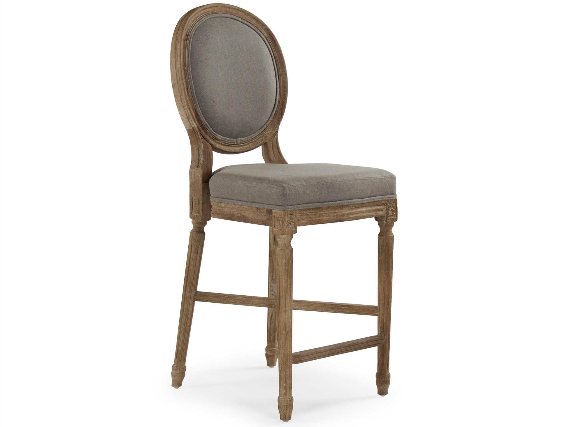 Zentique Medallion Upholstered Oak Wood Grey Linen Counter Stool
