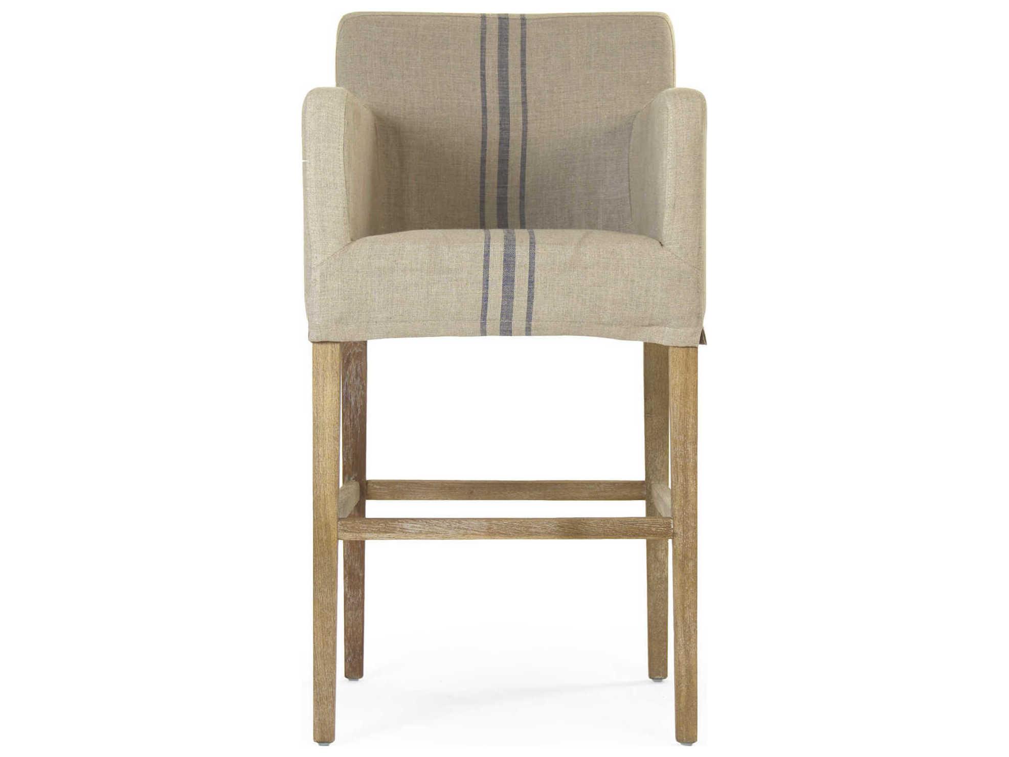 Zentique Avignon Upholstered Oak Wood Khaki Blue Stripe Bar Stool