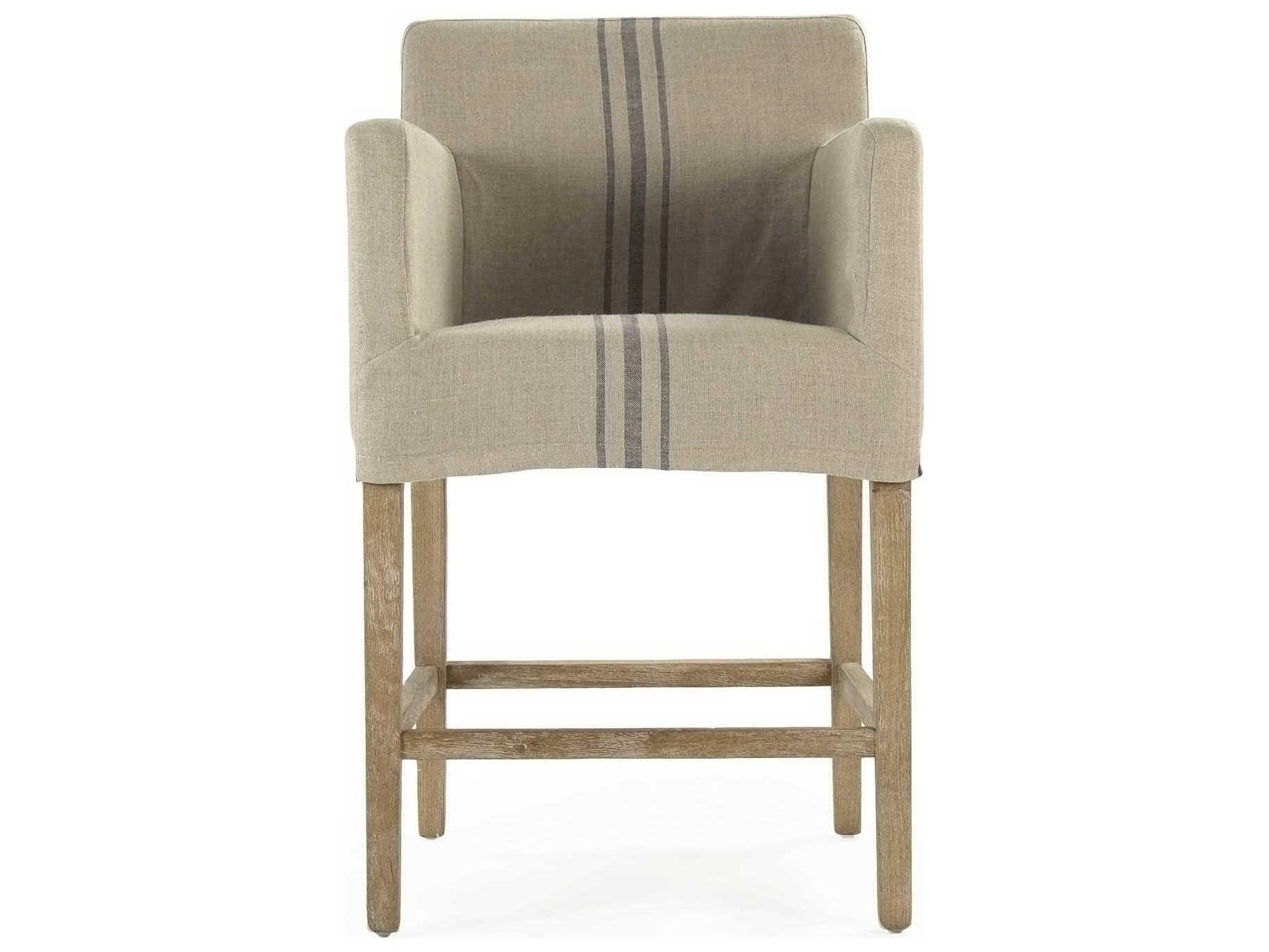 Zentique Avignon Upholstered Oak Wood Khaki Blue Stripe Counter Stool