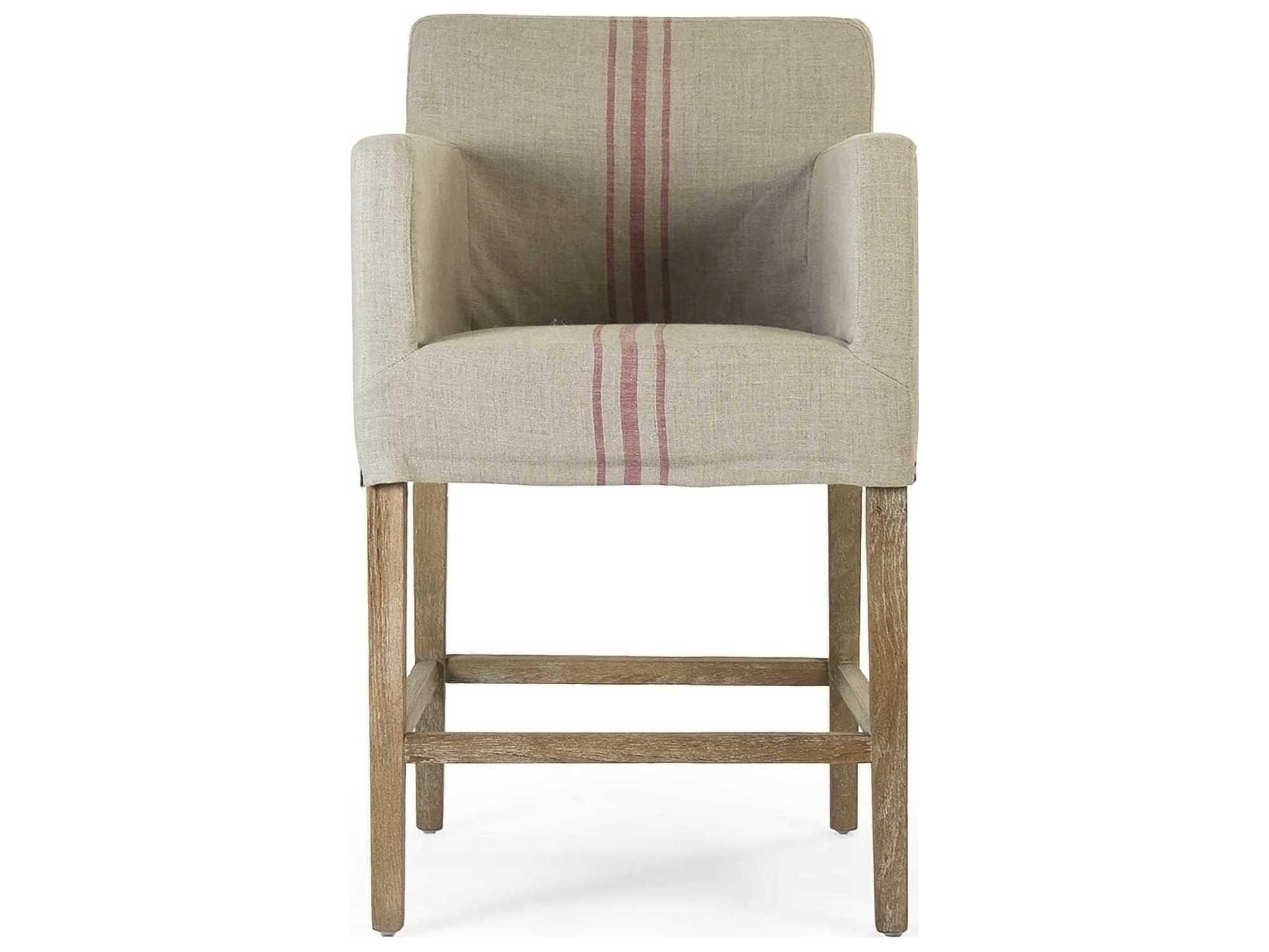 Zentique Avignon Upholstered Oak Wood Khaki Red Stripe Counter Stool