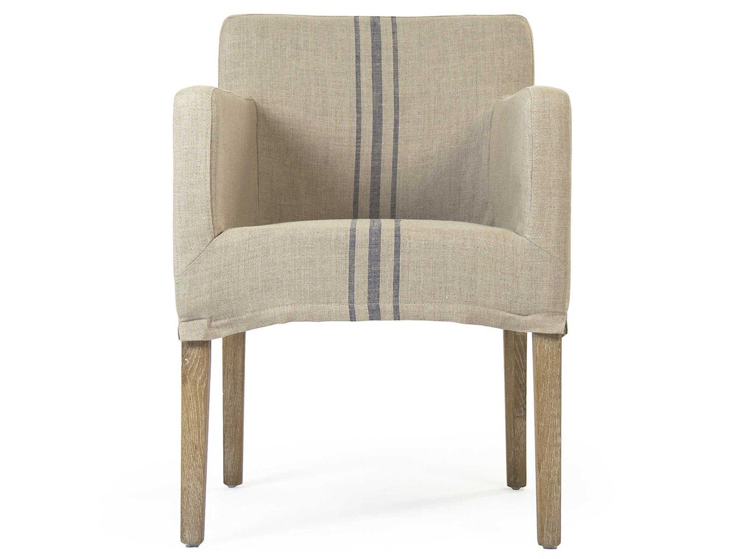 Zentique Avignon Oak Wood Beige Upholstered Arm Dining Chair