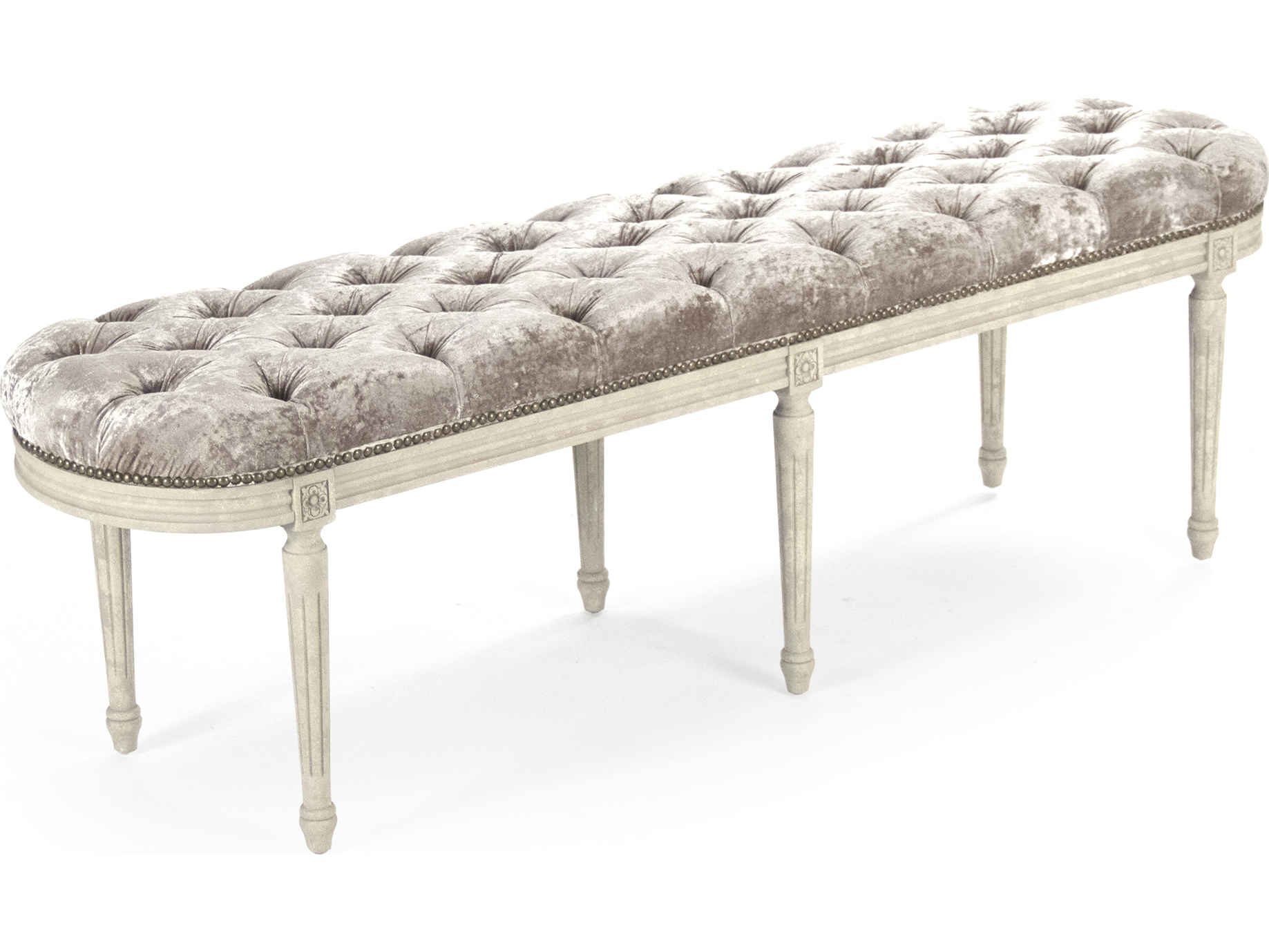 Zentique Michel Distressed Ivory Oak Gray Velvet Upholstered Accent Bench