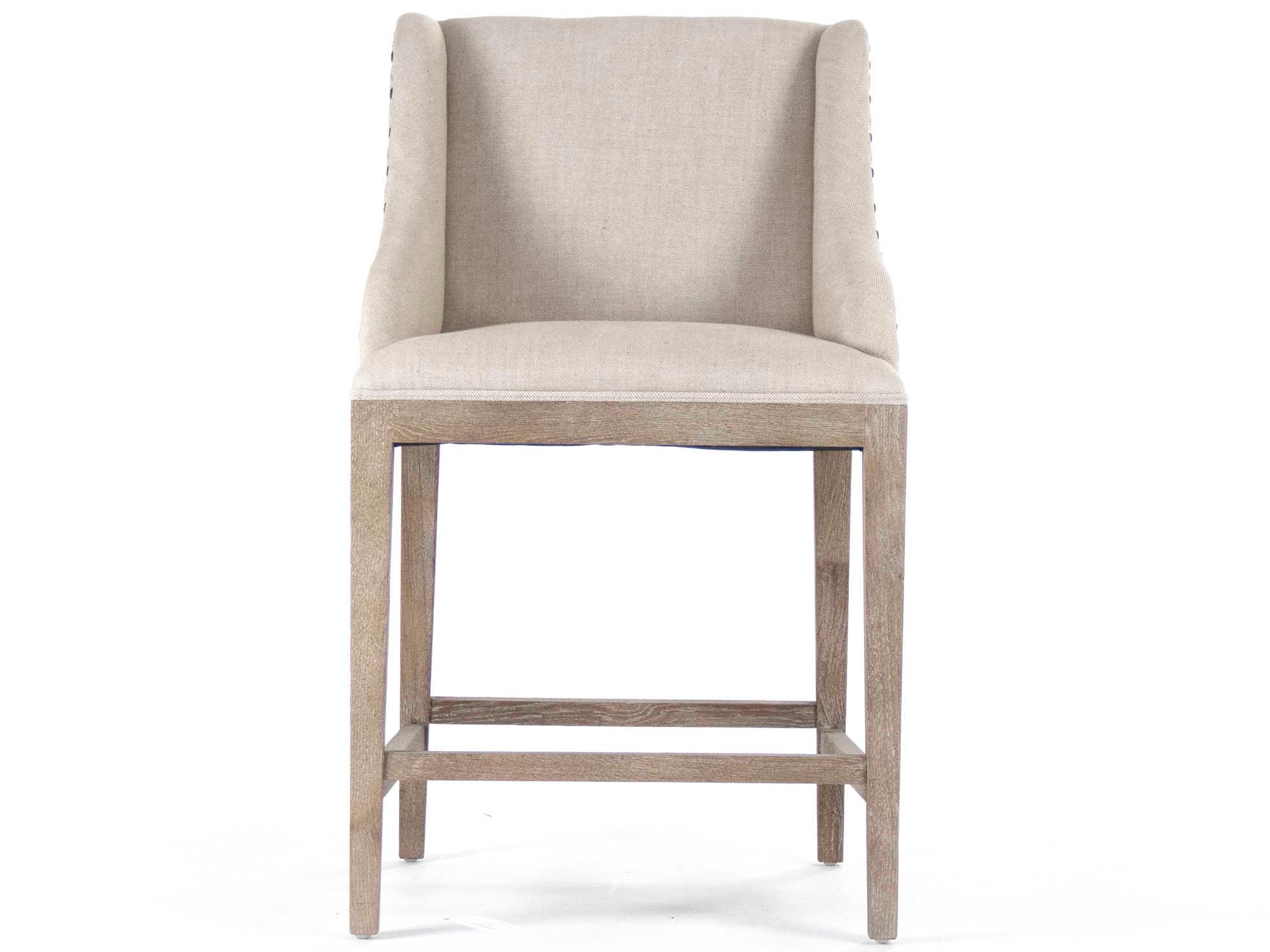 Zentique Upholstered Oak Wood Natural Linen Counter Stool