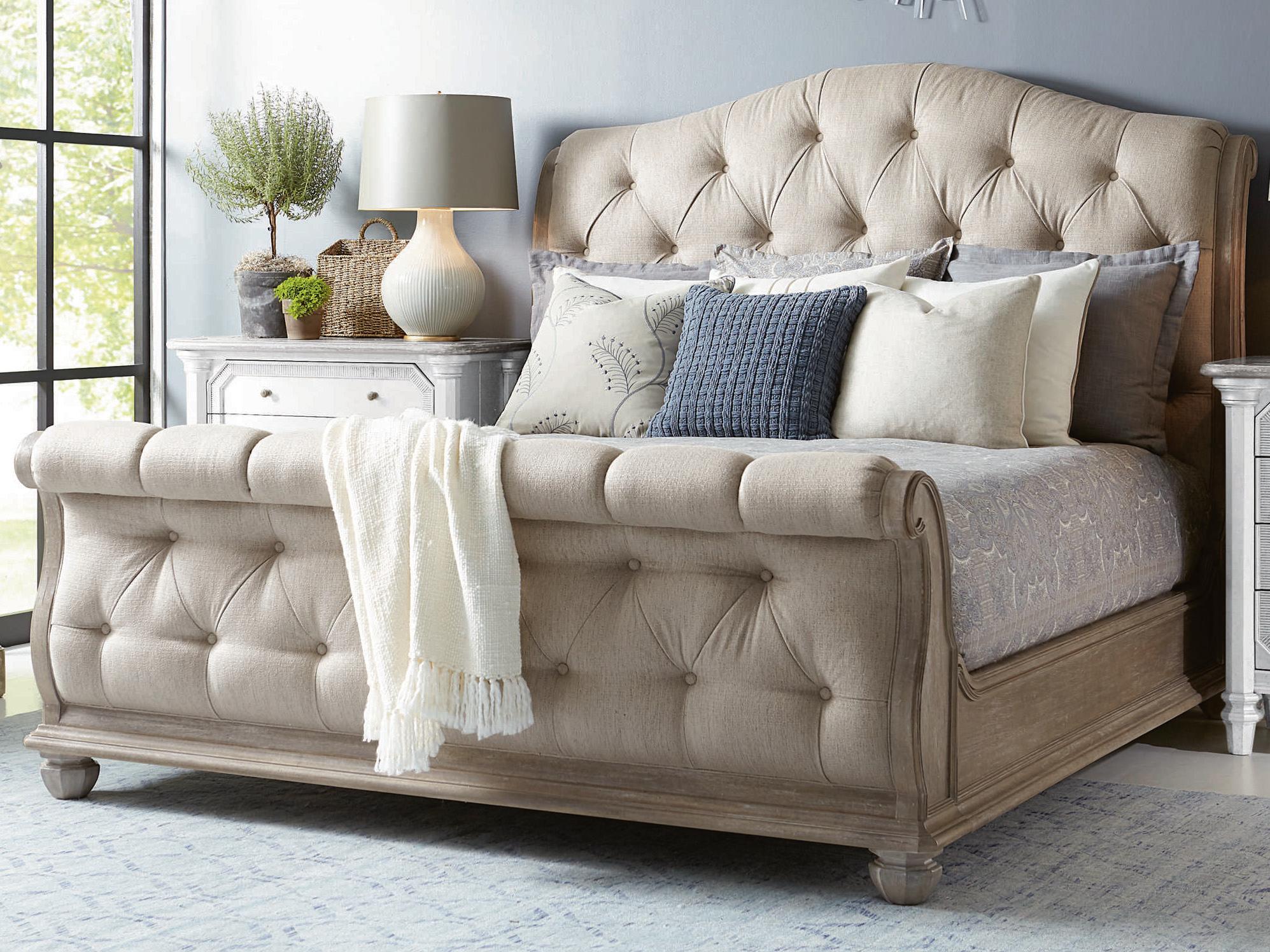 A.R.T. Furniture Summer Creek Shoals Scrubbed Oak Beige Wood Upholstered King Sleigh Bed