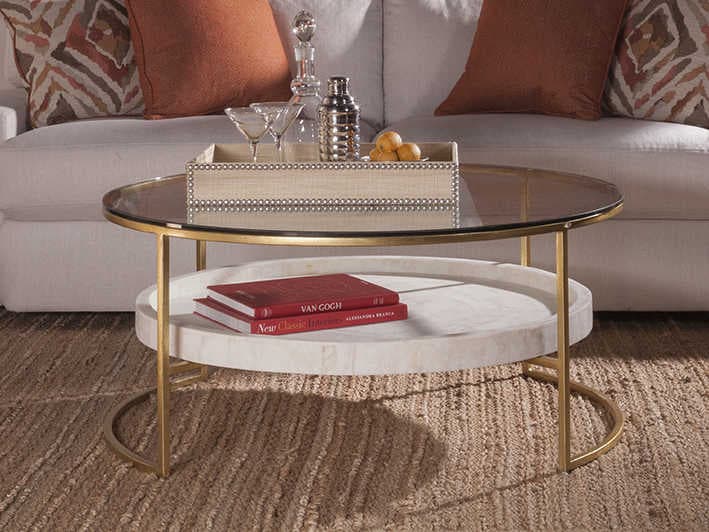 Artistica Cumulus Round Glass Gold Leaf With White Crystal Stone Cocktail Table