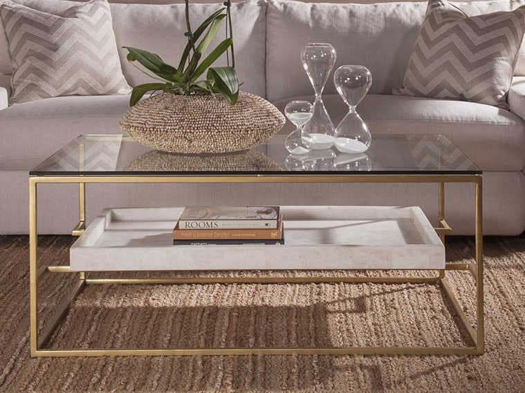 Artistica Cumulus Rectangular Glass Gold Leaf With White Crystal Stone Cocktail Table