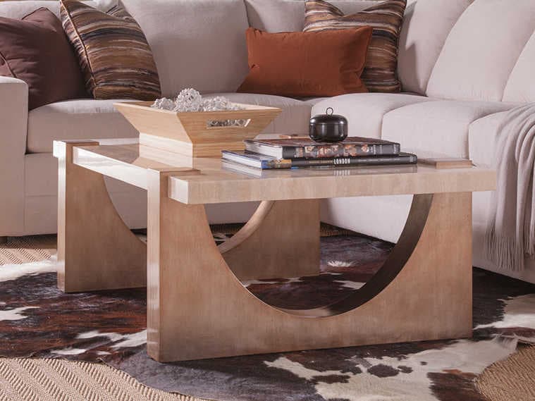 Artistica Impresario Rectangular Silver Travertine Stone With Warm Leaf Cocktail Table