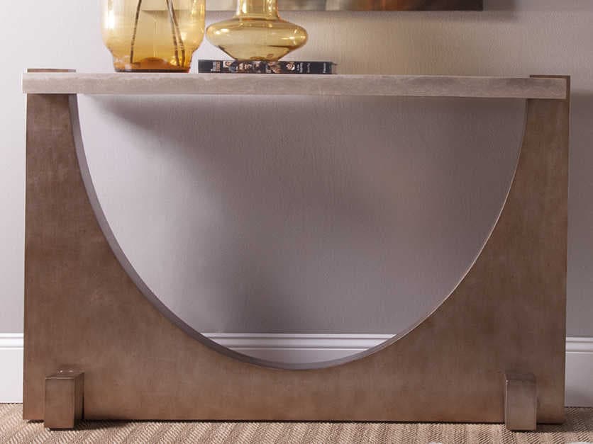 Artistica Impresario Rectangular Silver Travertine Stone With Leaf Console Table