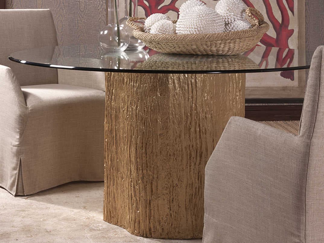 Artistica Trunk Segment Round Glass White Fossilized Shell With Gold Leaf Dining Table