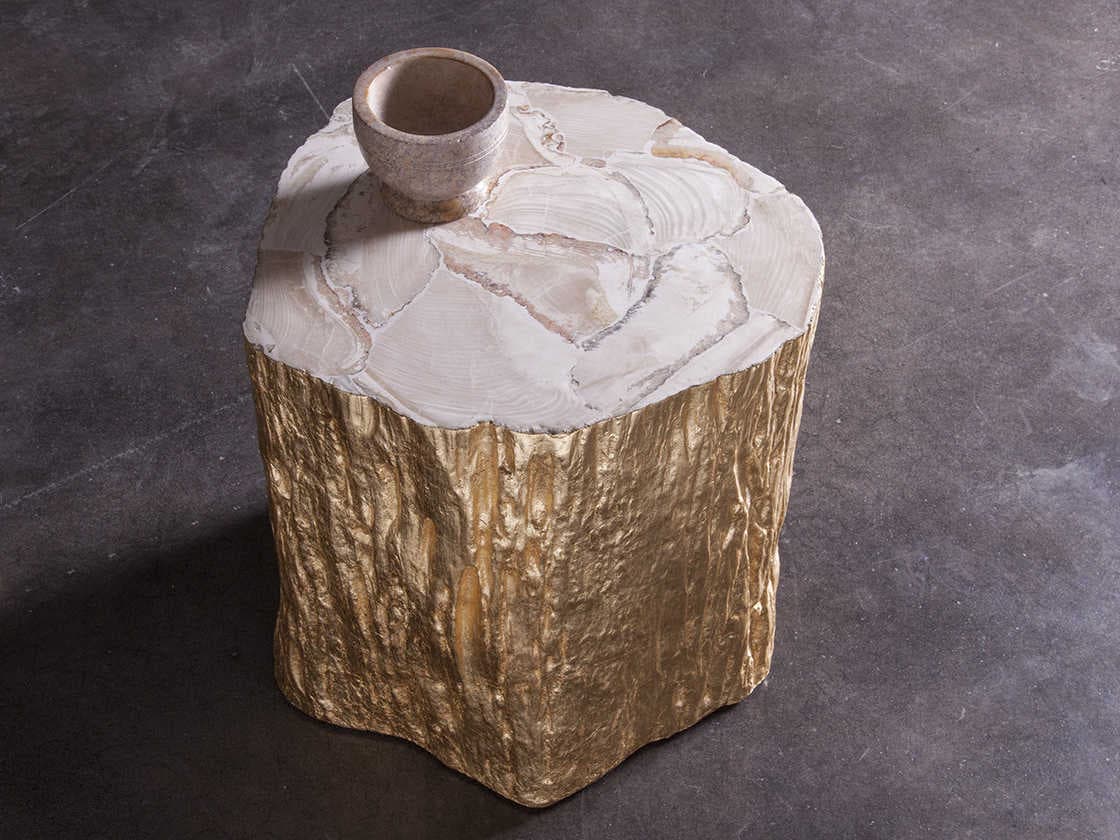 Artistica Trunk Segment White Fossilized Shell With Silver Leaf End Table