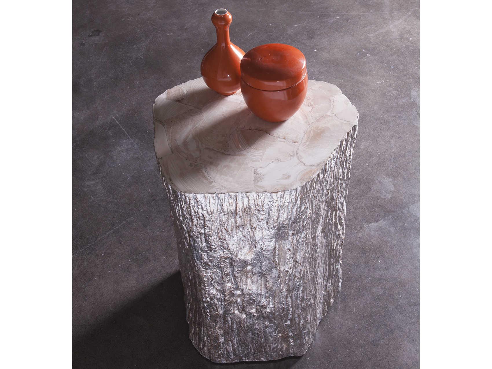 Artistica Trunk Segment White Fossilized Shell With Silver Leaf End Table