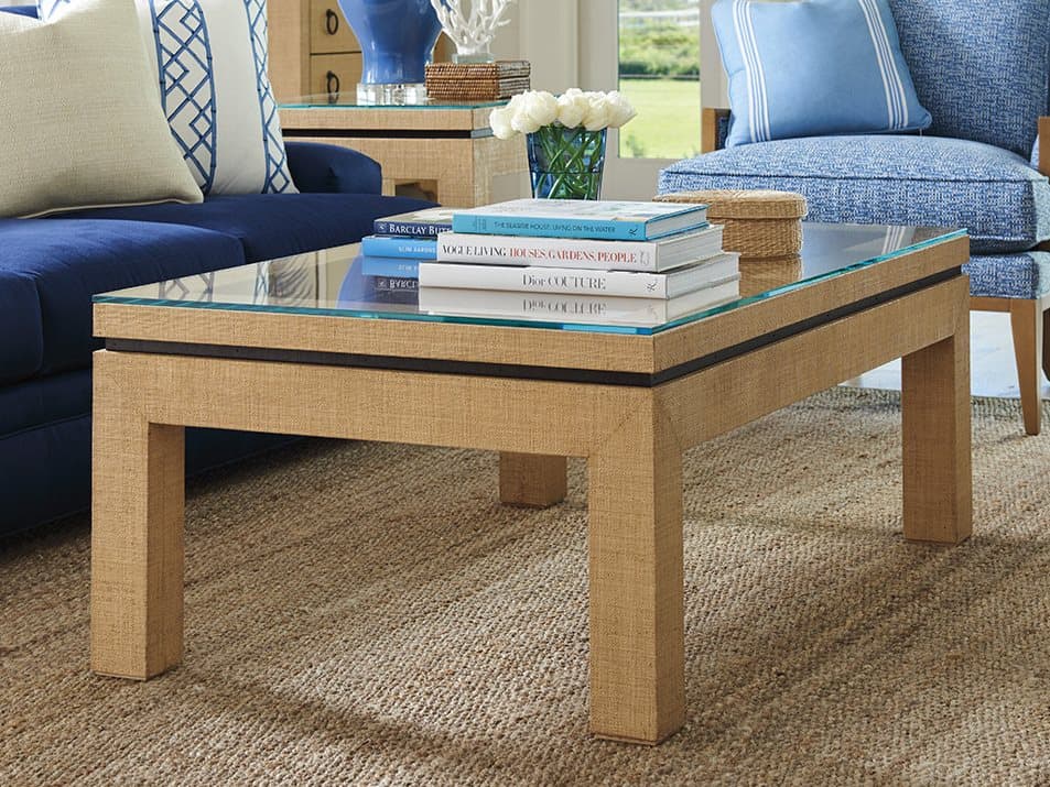 Barclay Butera Newport Harbor Raffia Rectangular Glass Sandstone Cocktail Table