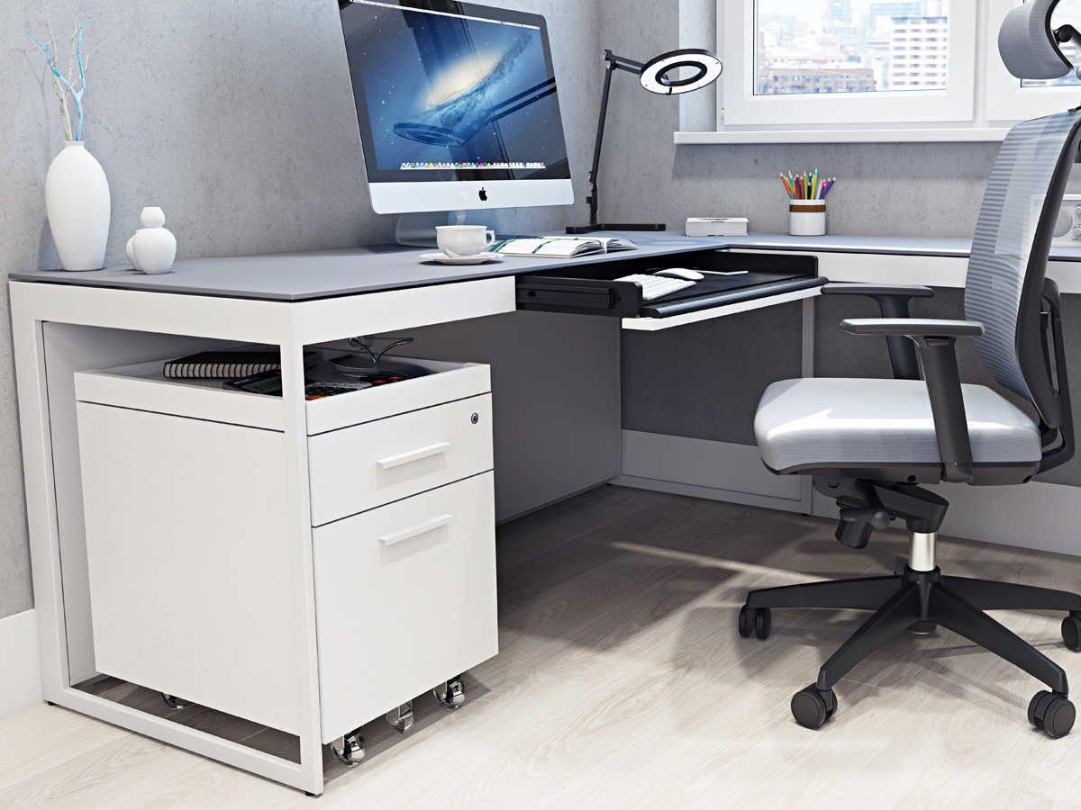 BDI Centro Satin White & Grey Etched Glass Hardwood Computer Desk
