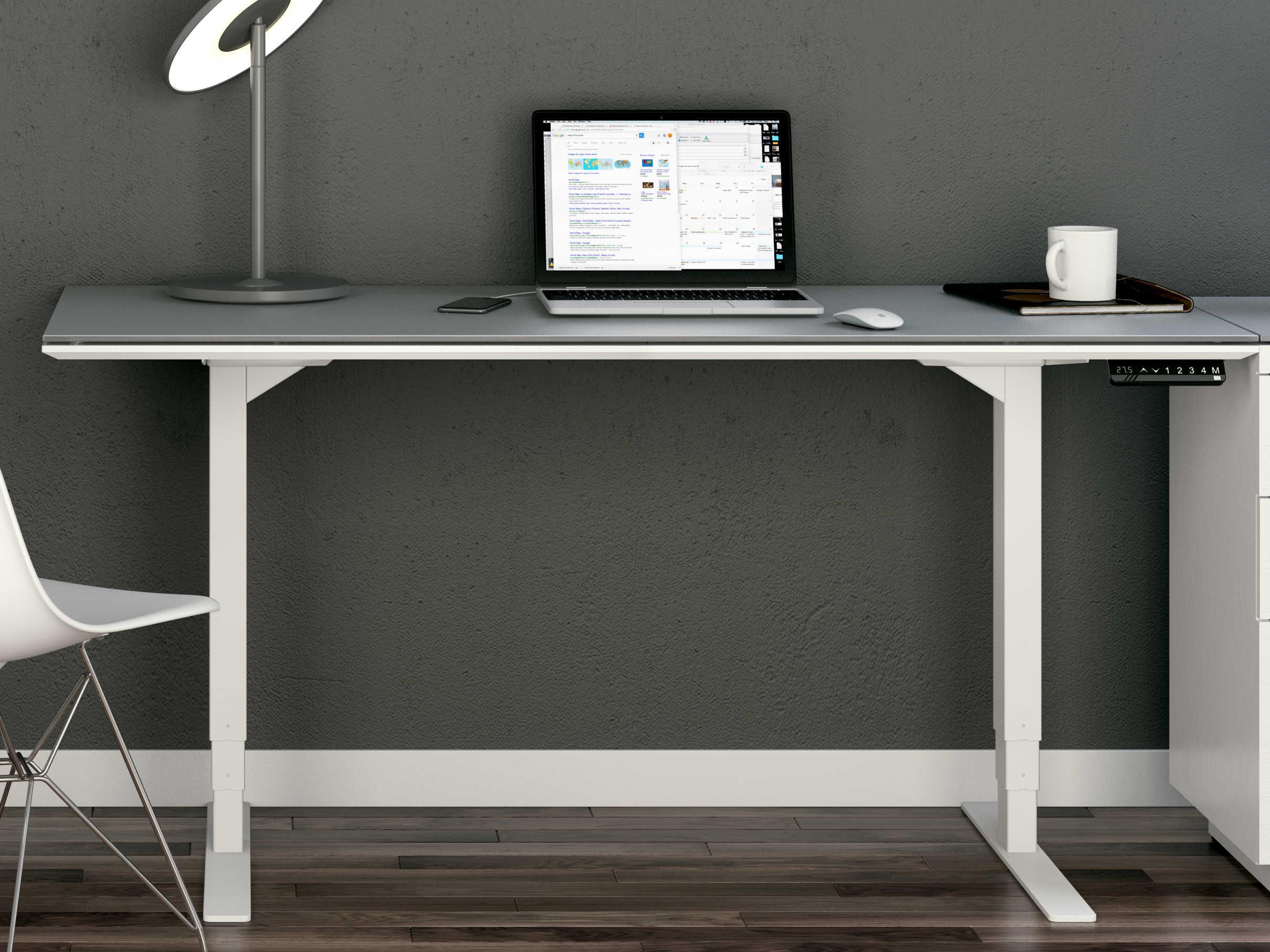 BDI Centro Height Adjustable & Standing Satin White Grey Etched Glass Desks