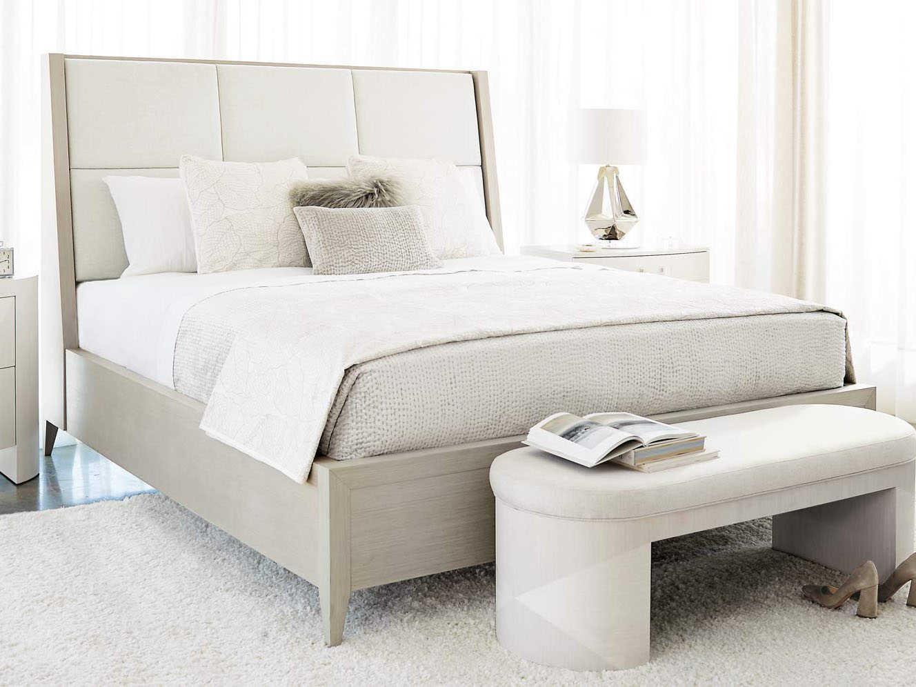 Bernhardt Axiom Linear Gray Beige Poplar Wood Upholstered King Panel Bed
