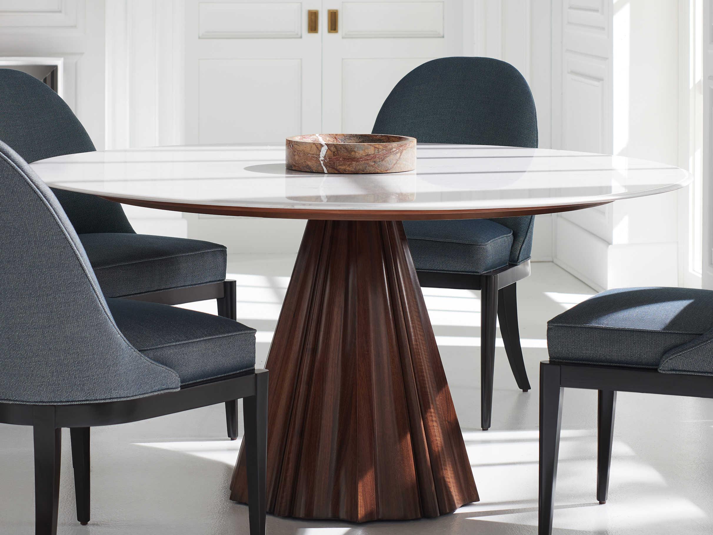 Caracole Classic All Natural Round White Marble Rich Walnut Dining Table