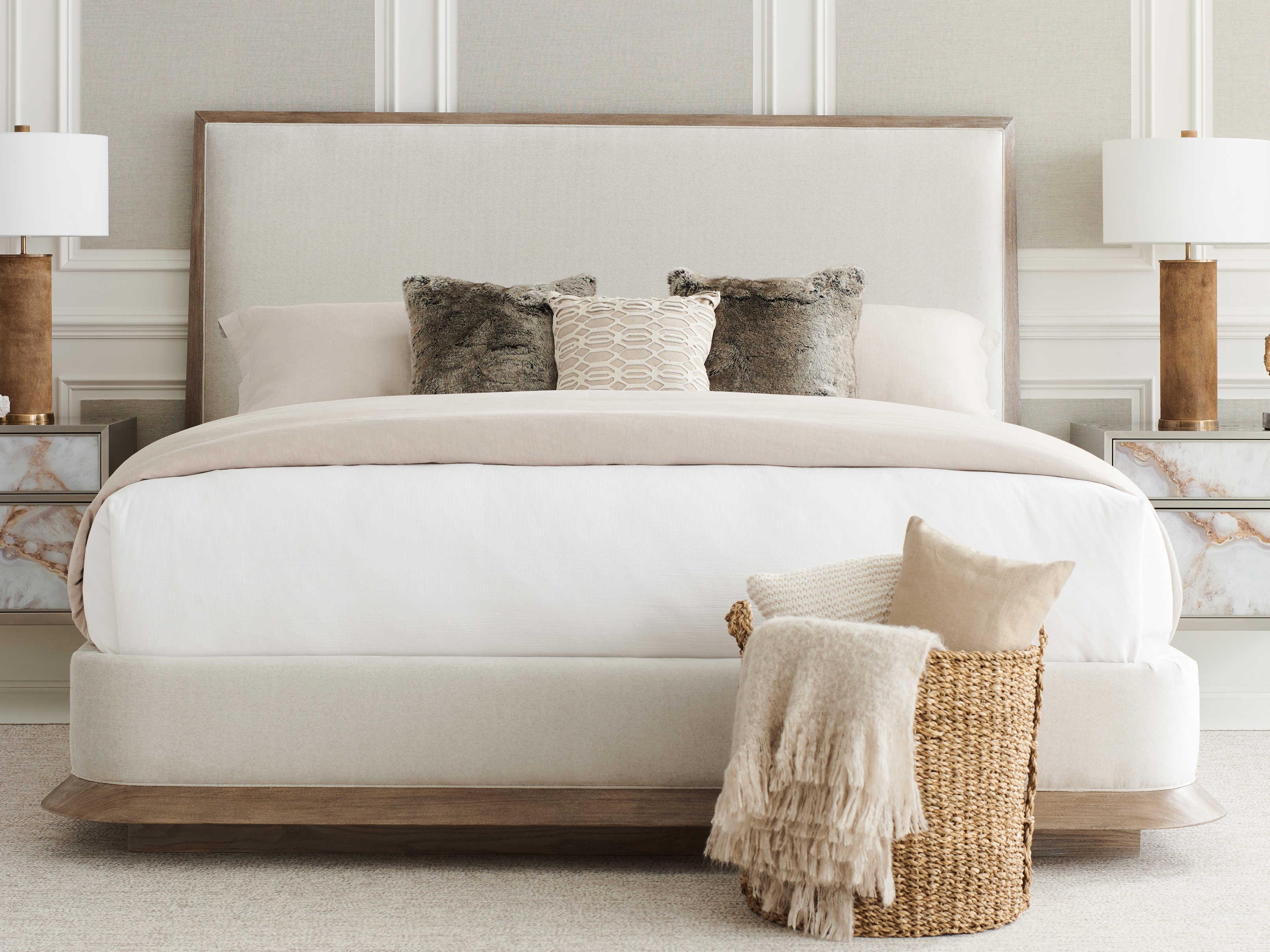 Caracole Classic The Stage Is Set Ash Driftwood White Wood Upholstered Queen Platform Bed