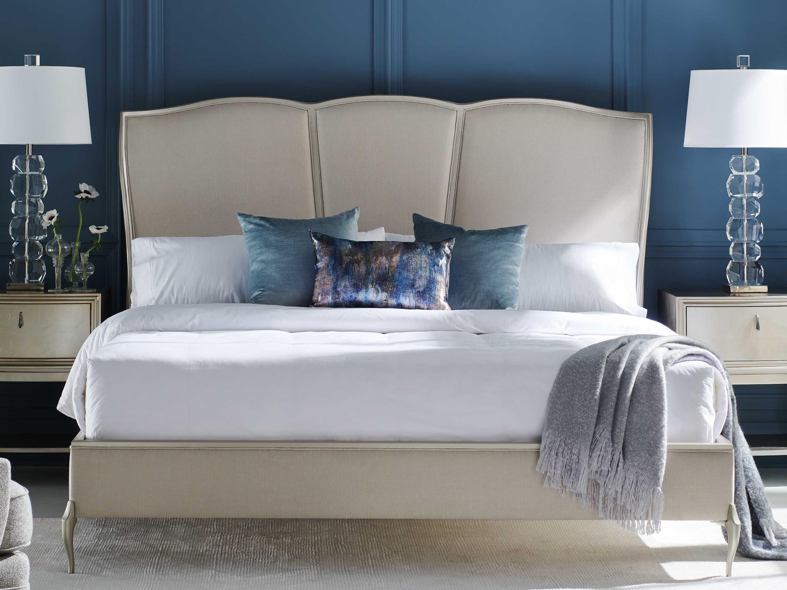 Caracole Classic Un-Deux-Trois Soft Silver Paint White Upholstered King Platform Bed