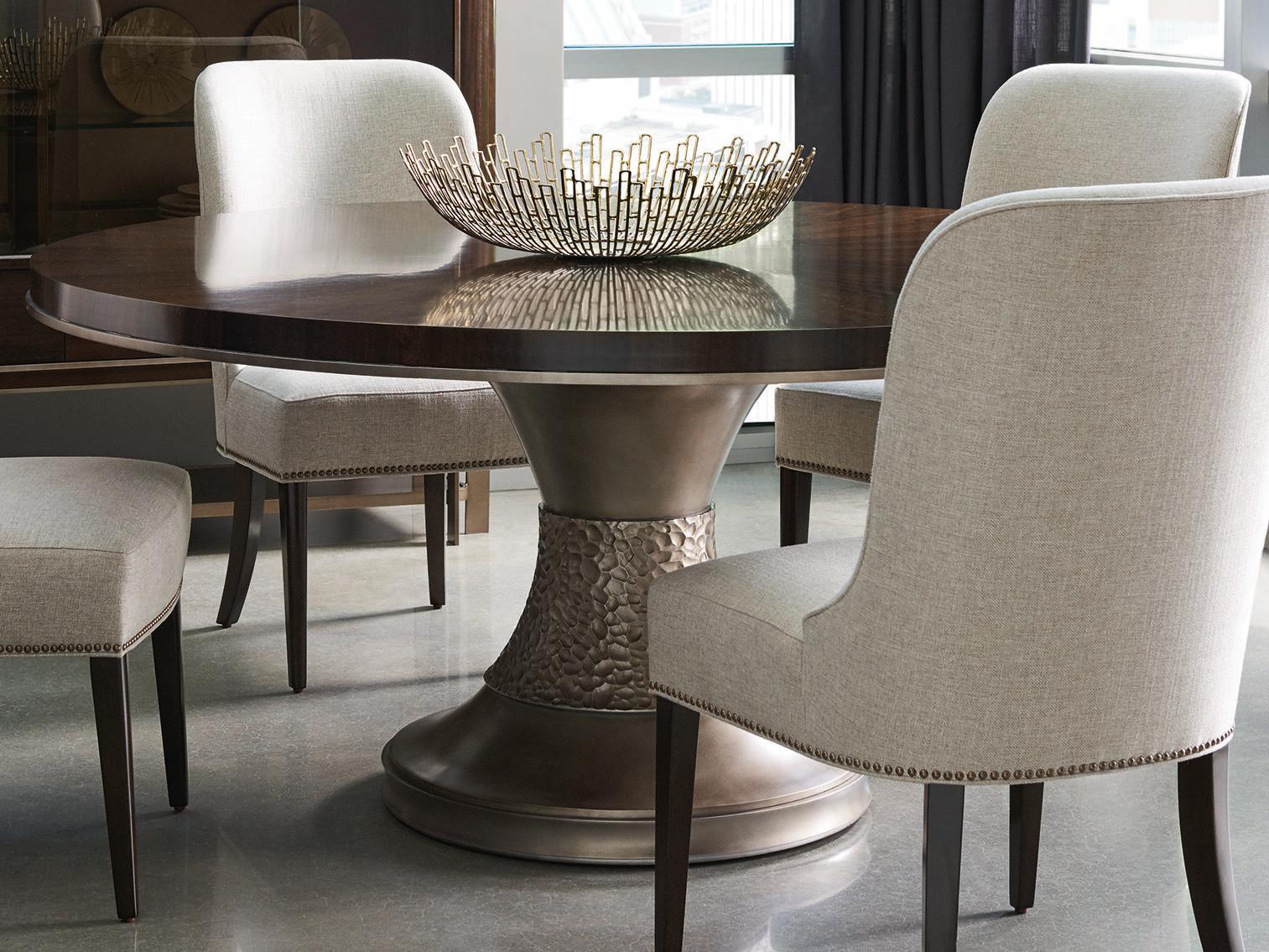 Caracole Streamline Moderne Smoked Bronze Base Pedestal Round Wood Aged Bourbon With Brass Dining Table