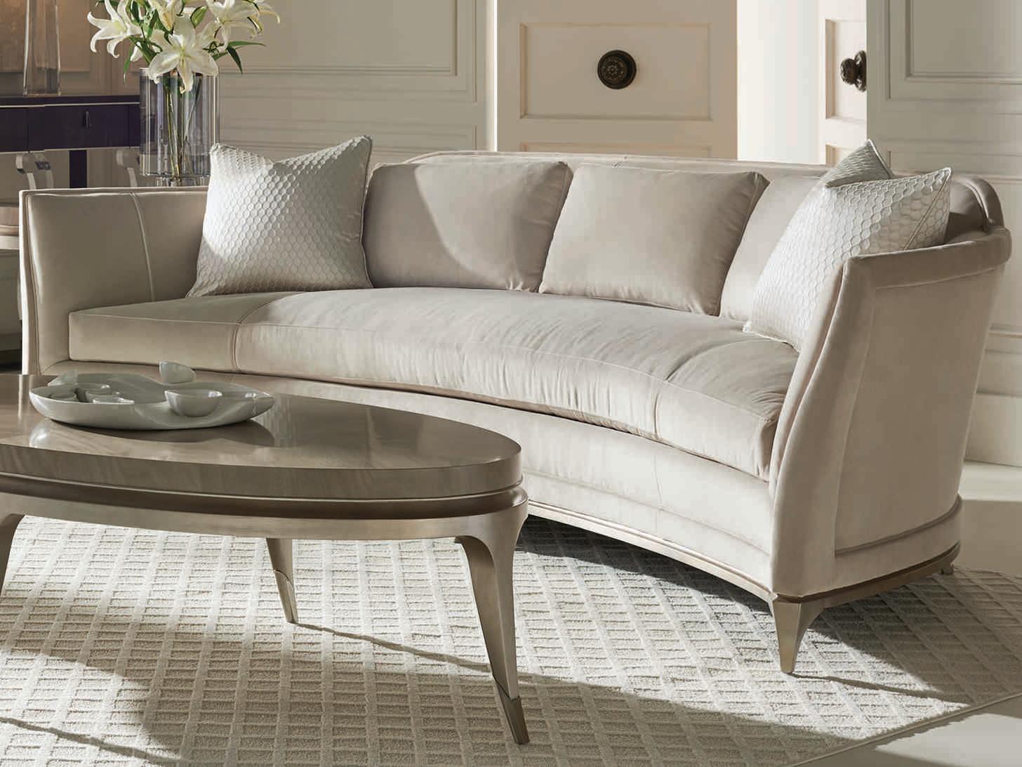 Caracole Upholstery Bend the Rules Curved Beige Upholstered Sofa with Silver Leaf Frame