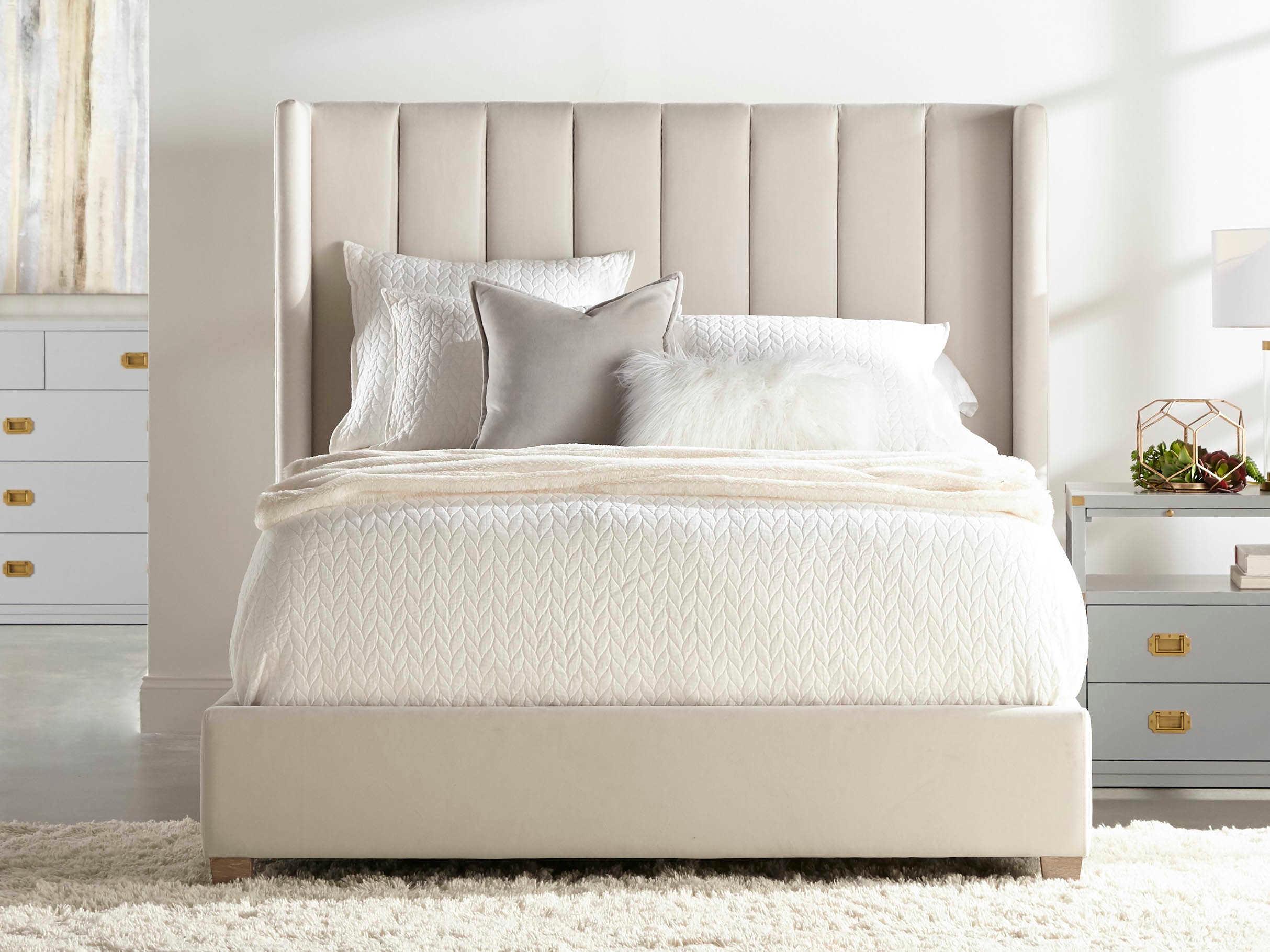 Essentials for Living Villa Chandler Cream Velvet Natural Gray White Oak Wood Upholstered Queen Platform Bed