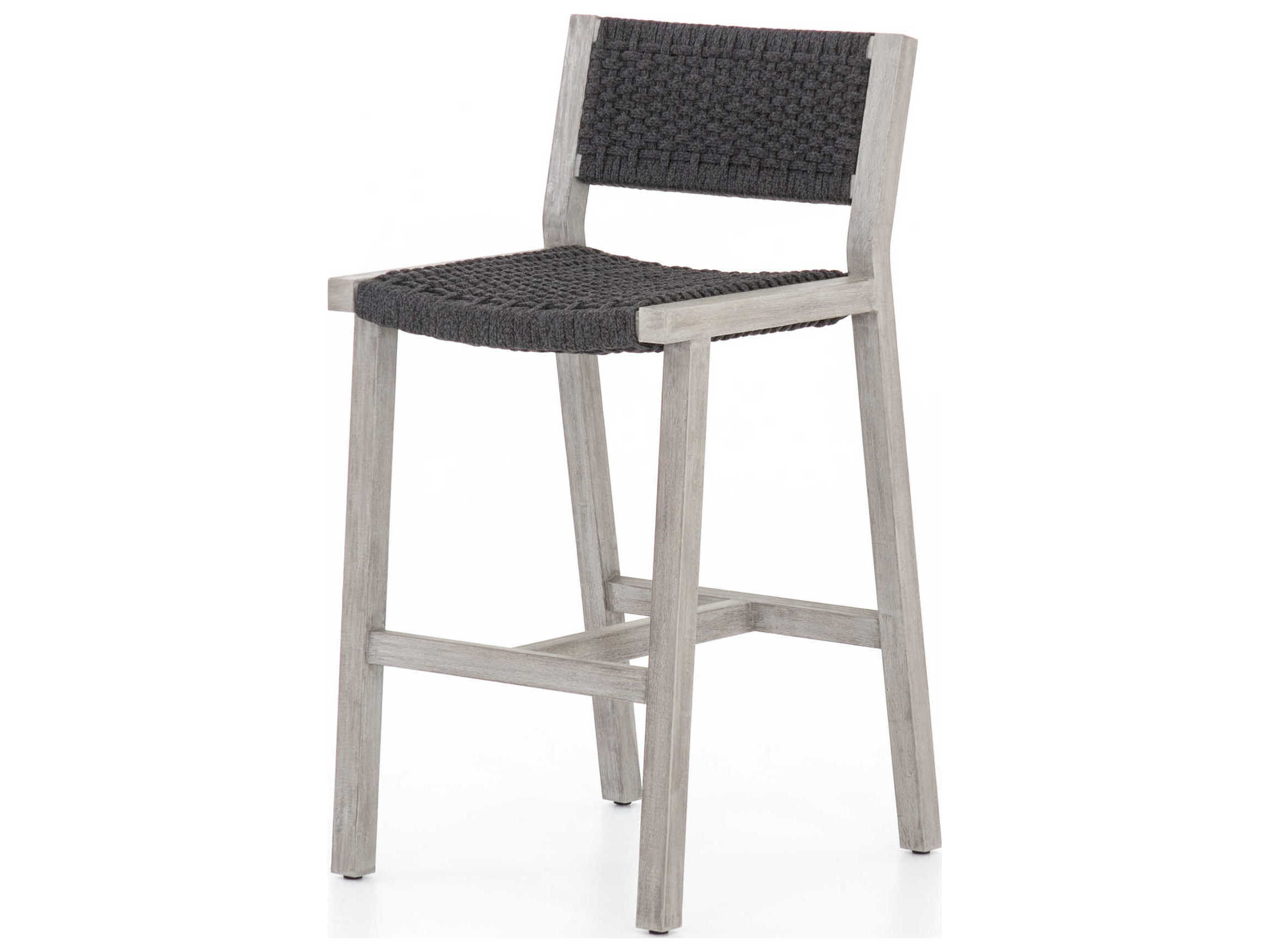 Four Hands Solano Delano Teak Wood Thick Dark Grey Rope Weathered Bar Stool