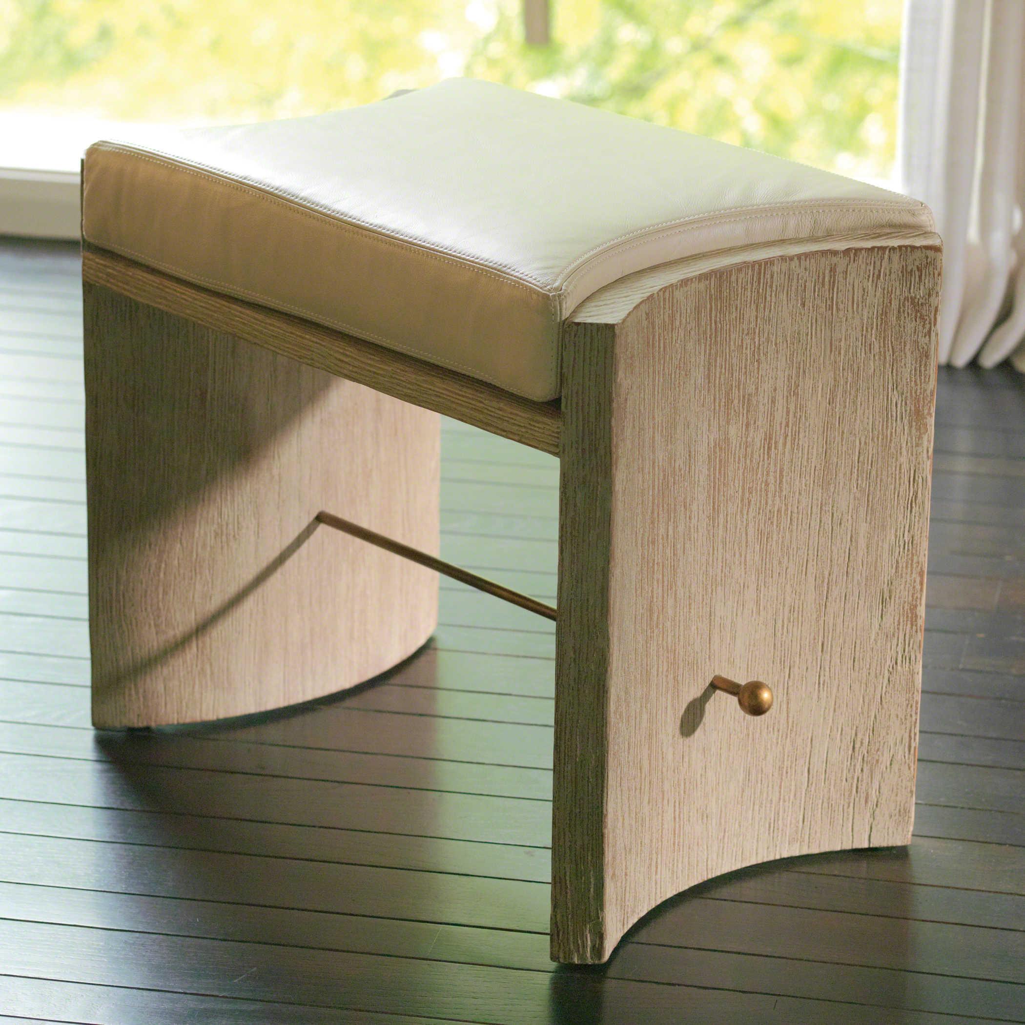 Global Views Sandblasted Brass Beige Leather White Accent Stool