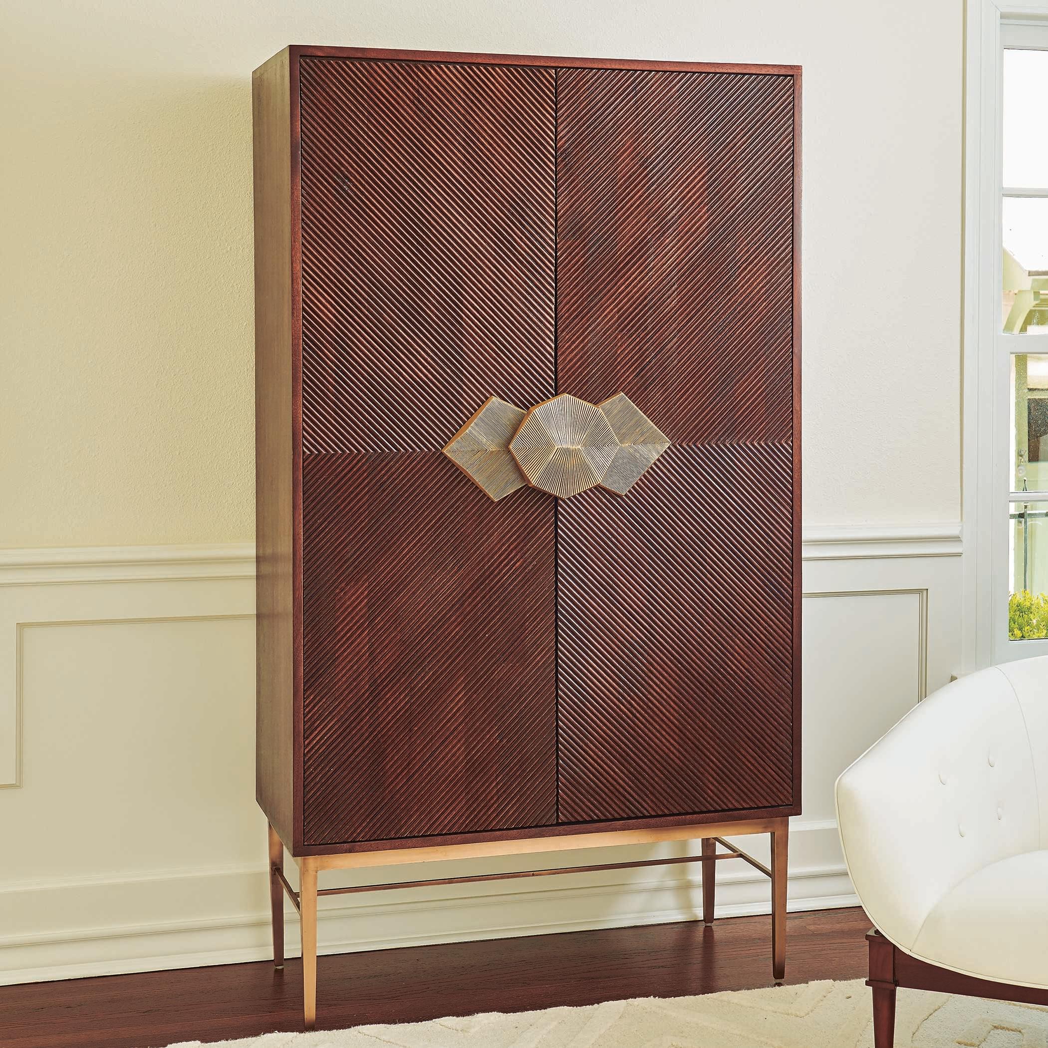 Global Views Brown Mango Wood Walnut Antique Brass Wine Bar Cabinet