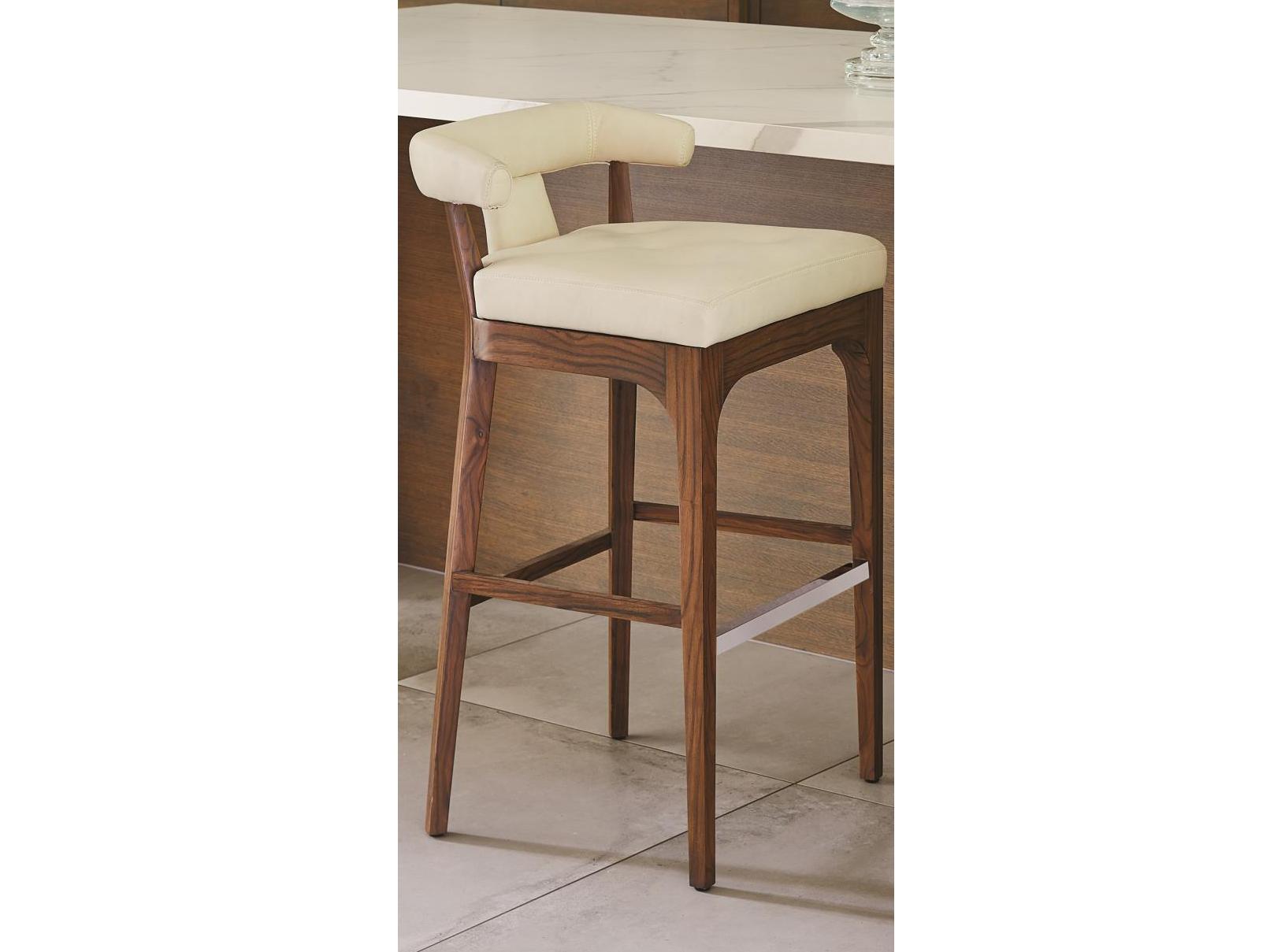 Global Views Leather Walnut Wood Natural Polished Stainless Steel Bar Stool
