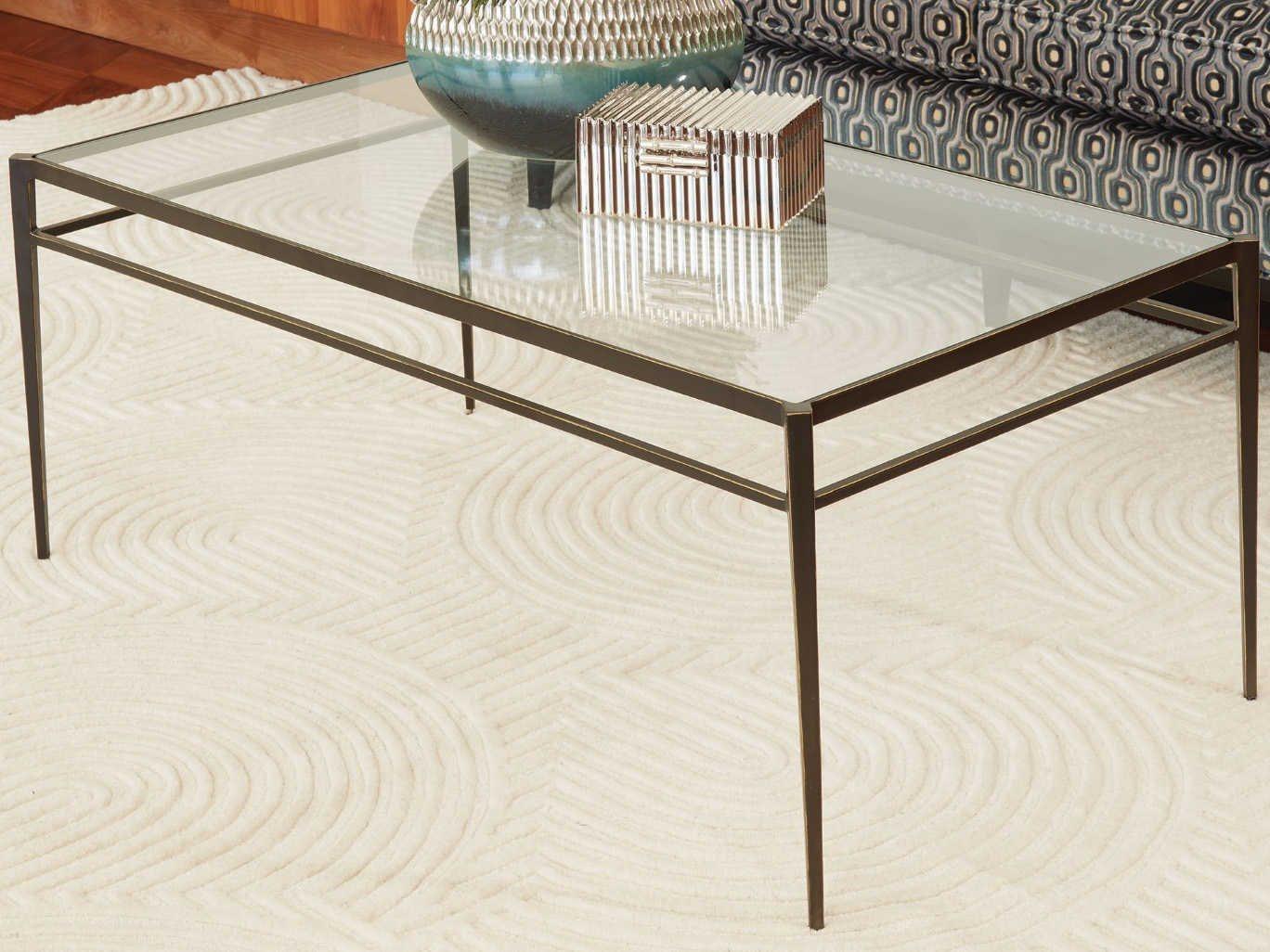 Global Views Rectangular Glass Dark Gunmetal Bronze Powder Coat Gold Edges highlights Coffee Table