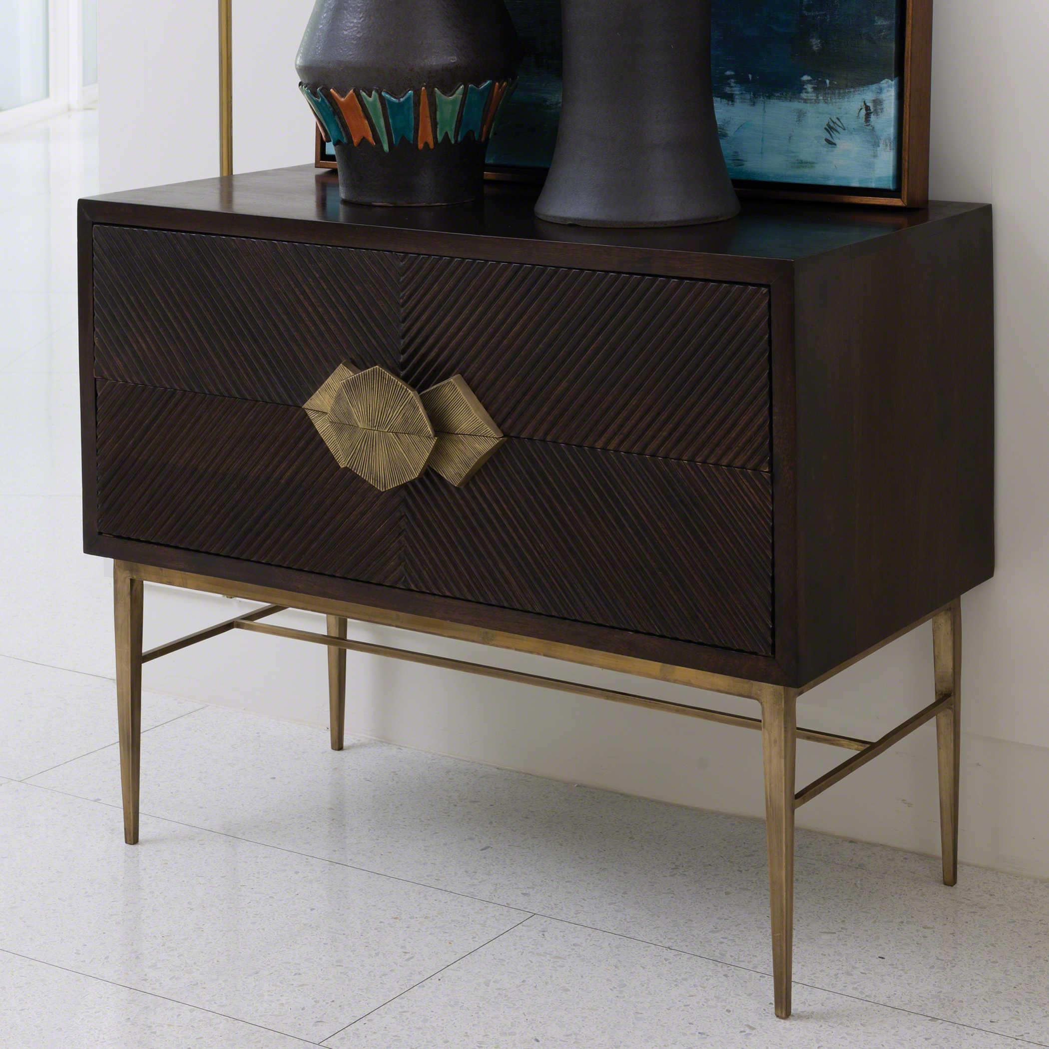 Global Views Galapagos 2-Drawers Dark Walnut Brass Brown Mango Wood Accent Chest
