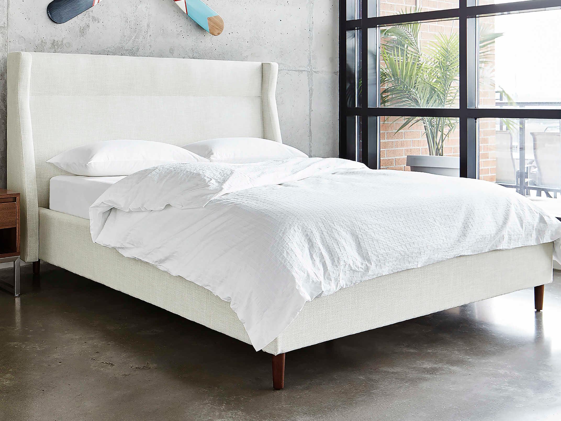 Gus* Modern Carmichael Thea Moonstone White Solid Wood Upholstered Queen Platform Bed