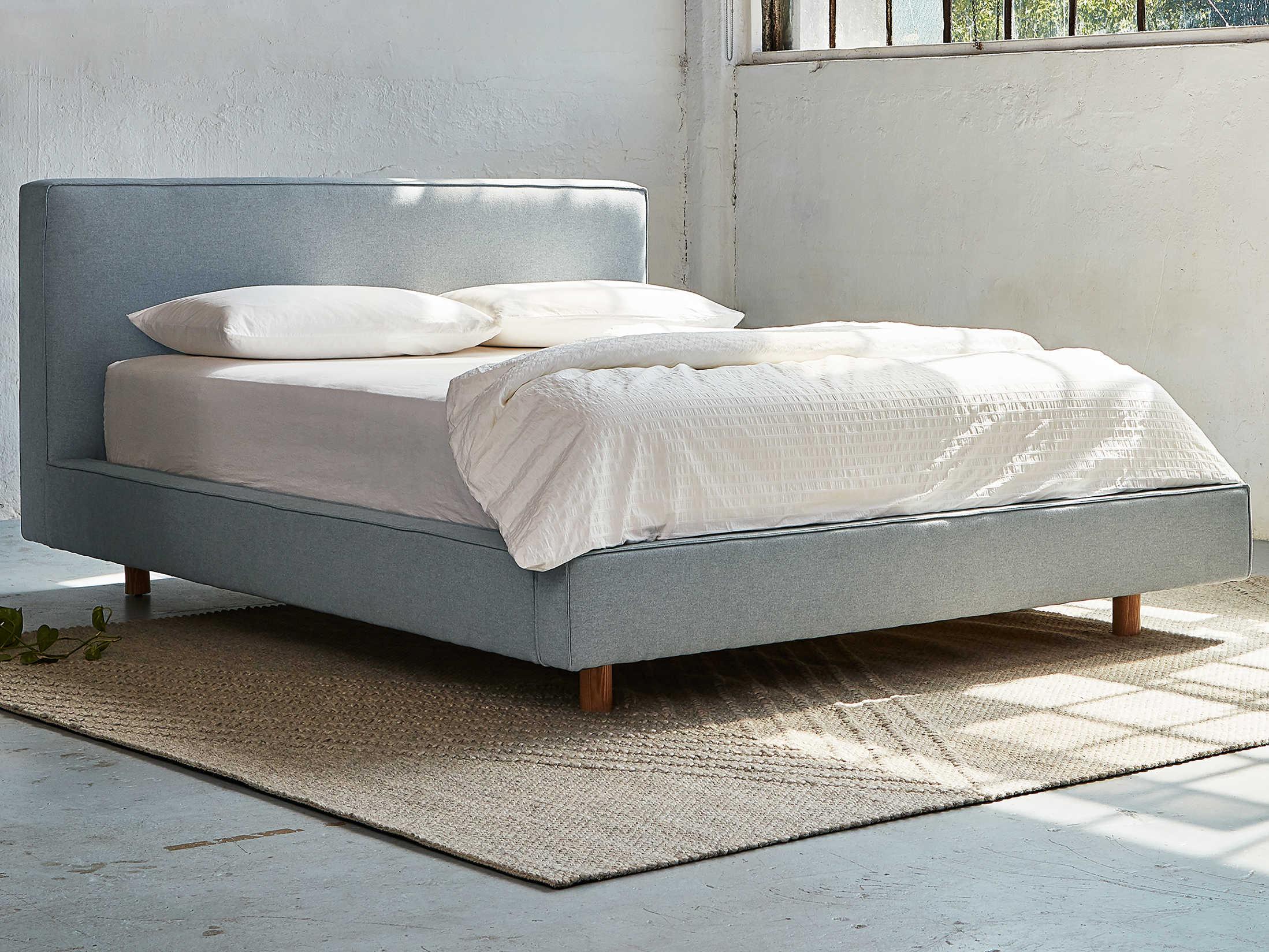 Gus* Modern Parcel Stockholm Celeste Ash Natural Blue Wood Upholstered Queen Platform Bed