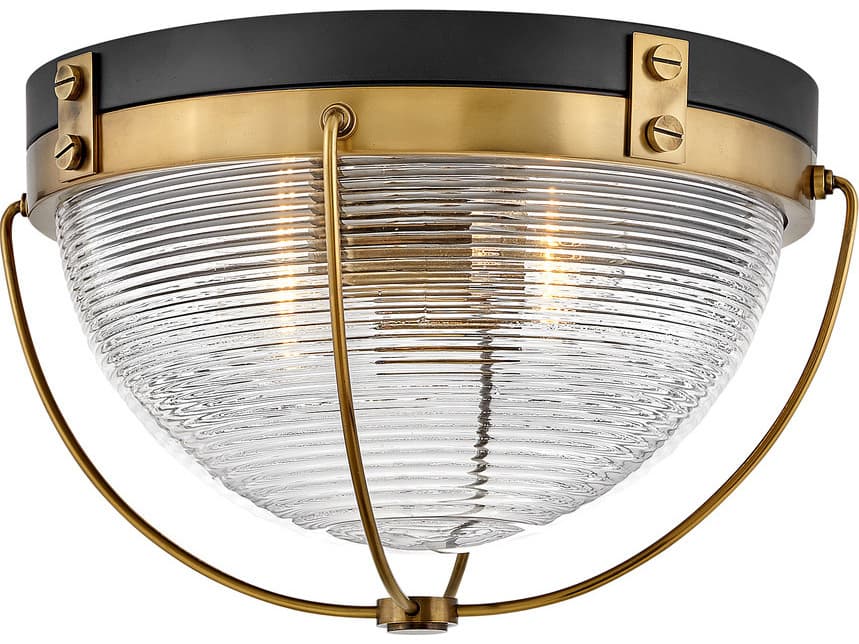 Hinkley Crew 2-Light Heritage Brass Black Glass Dome Flush Mount