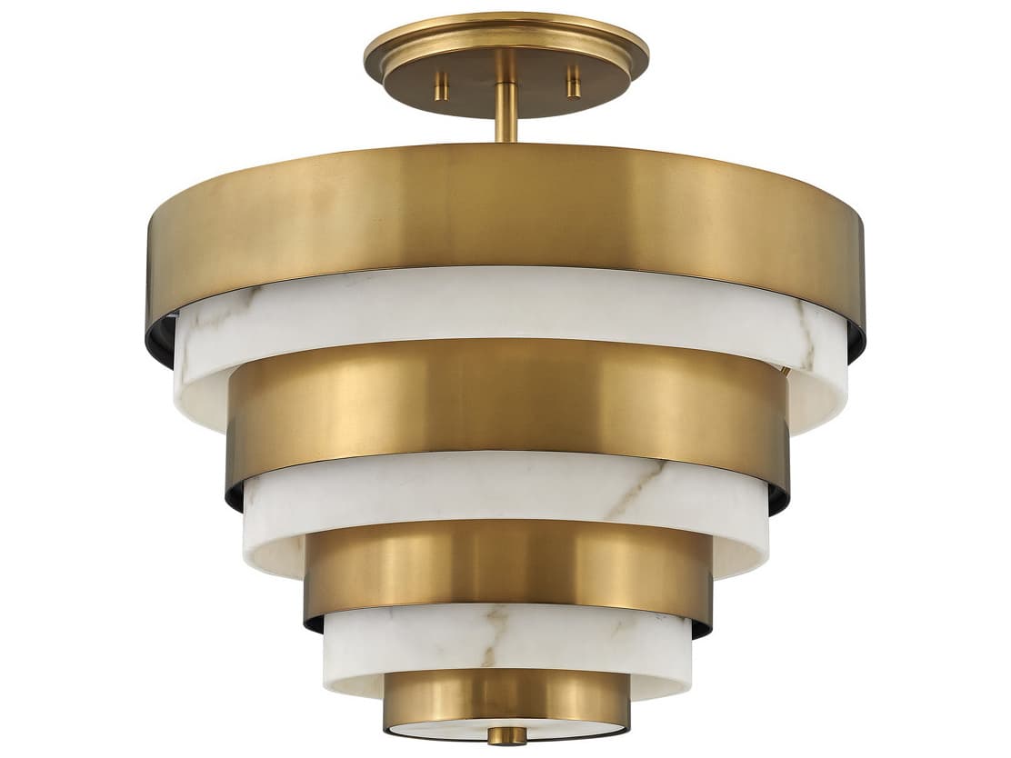 Hinkley Echelon 3-Light Heritage Brass White Glass Tiered Semi Flush Mount