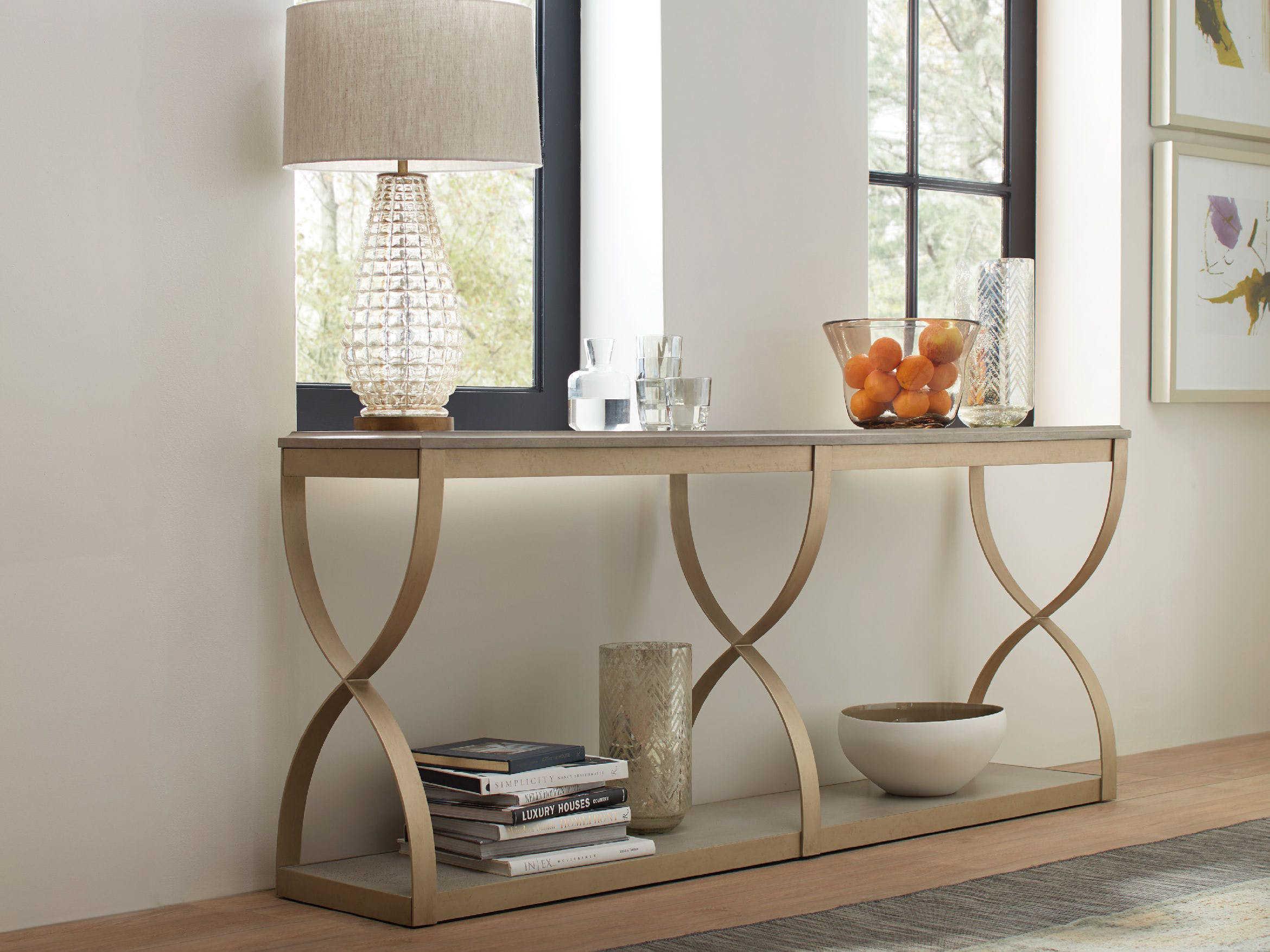 Hooker Furniture Elixir Rectangular Wood Serene Gray Beige Champagne Silver Console Table