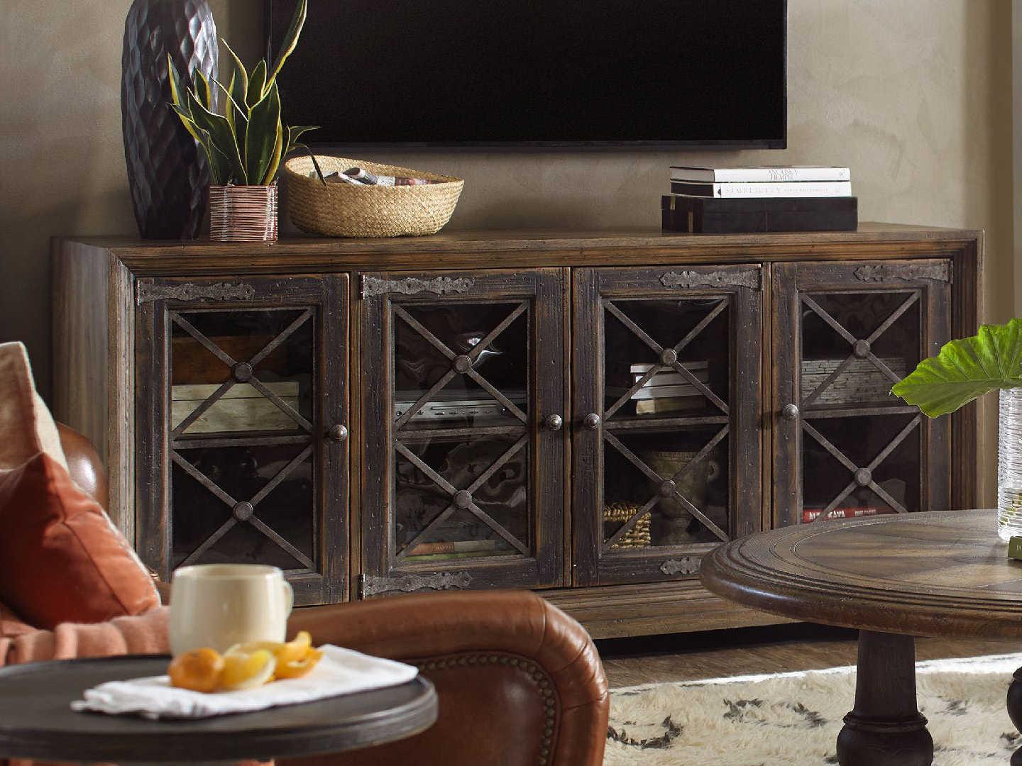 Luxecor Heritage Pipe Creek Bunching 76" Hardwood Timeworn Saddle Brown Anthracite Black Media Console