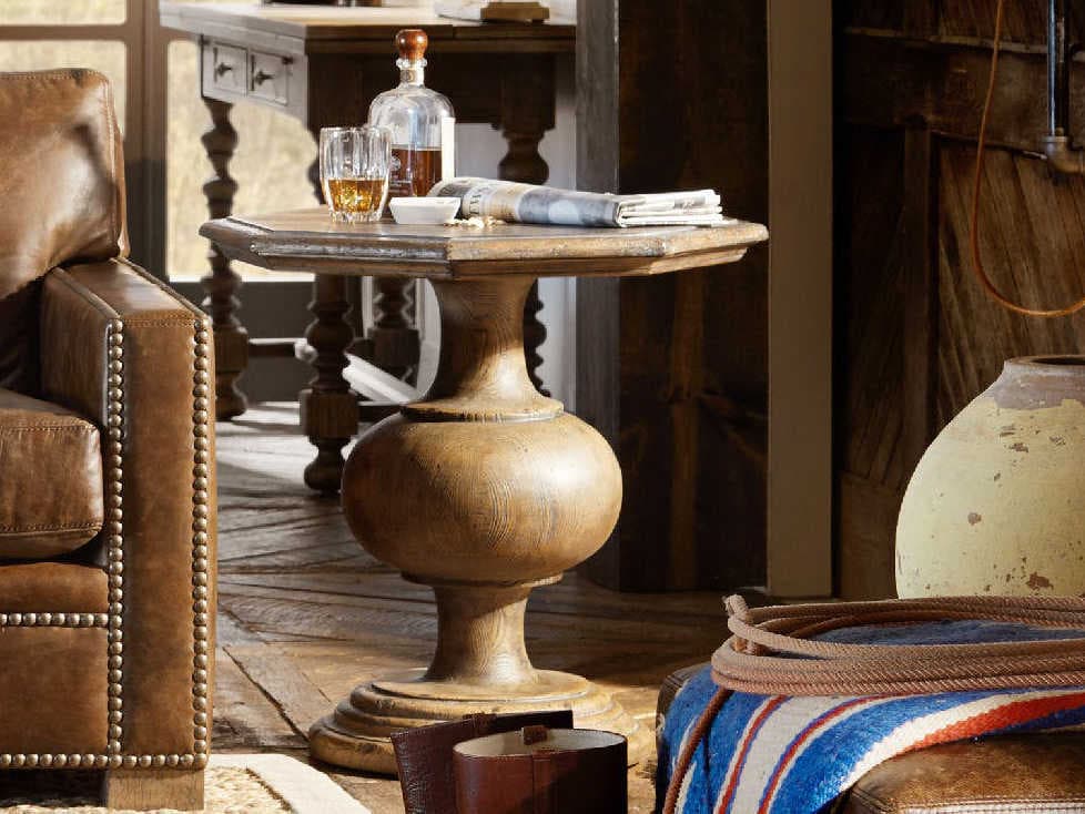 Hooker Furniture Hill Country Mason Hexagon Wood Timeworn Saddle Brown Aged Pewter End Table