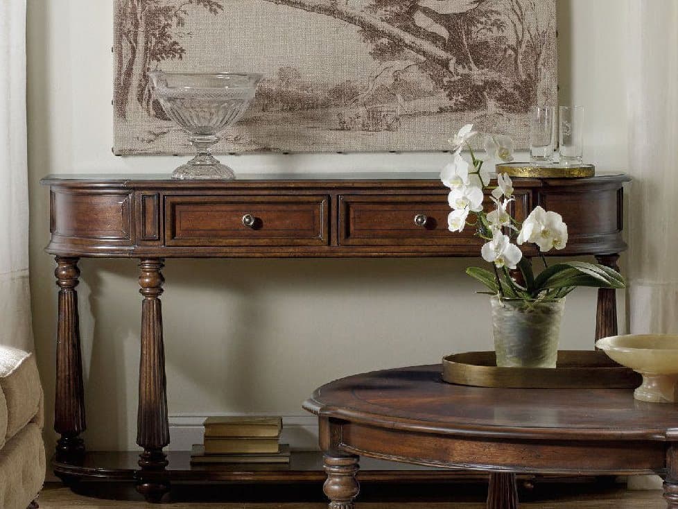 Luxecor Heritage Hall Demilune Features A Rich Dark Wood Console Table